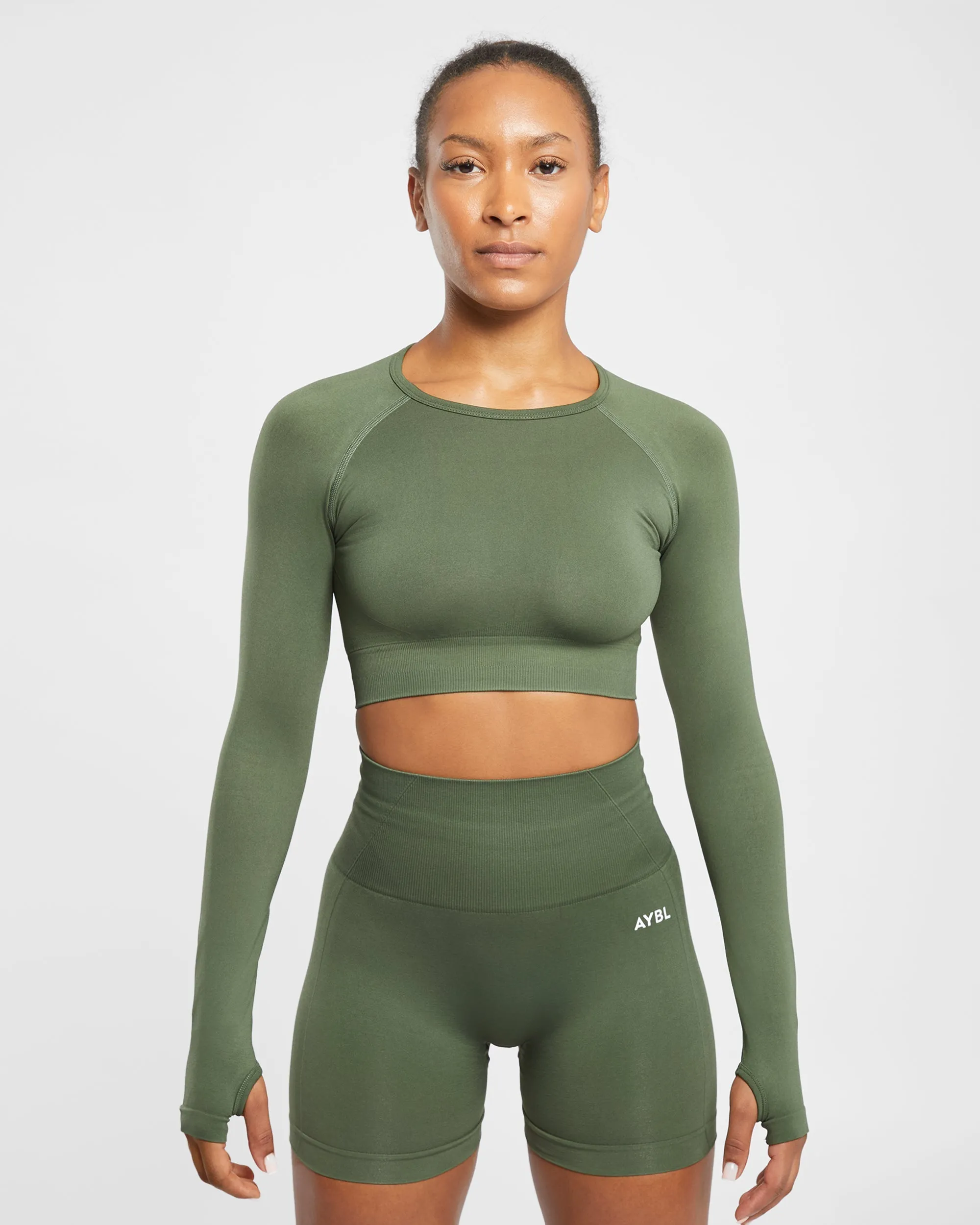 Empower Seamless Long Sleeve Crop Top - Khaki Green sold by AYBL