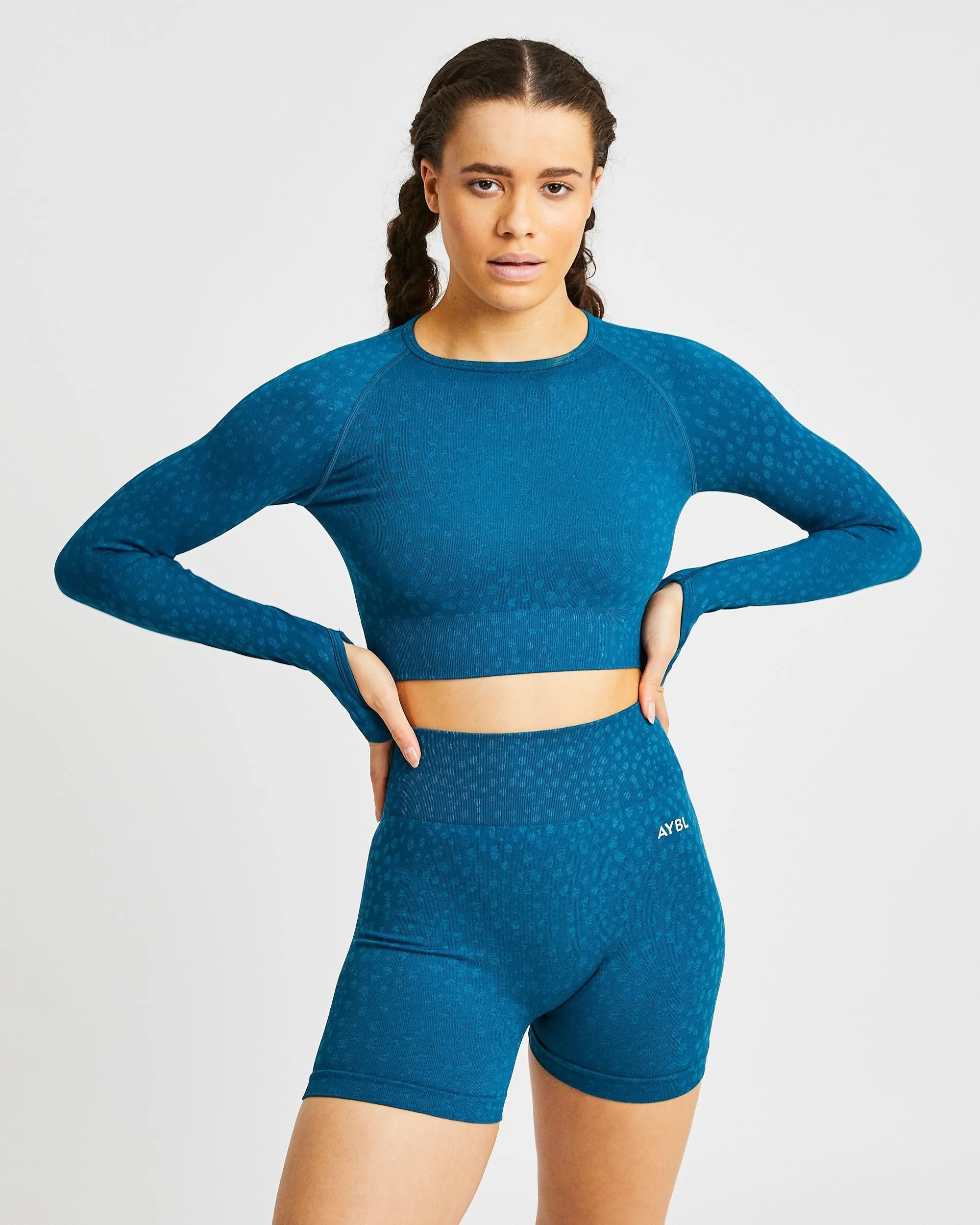 Evolve Speckle Seamless Long Sleeve Crop Top - Teal sold by AYBL