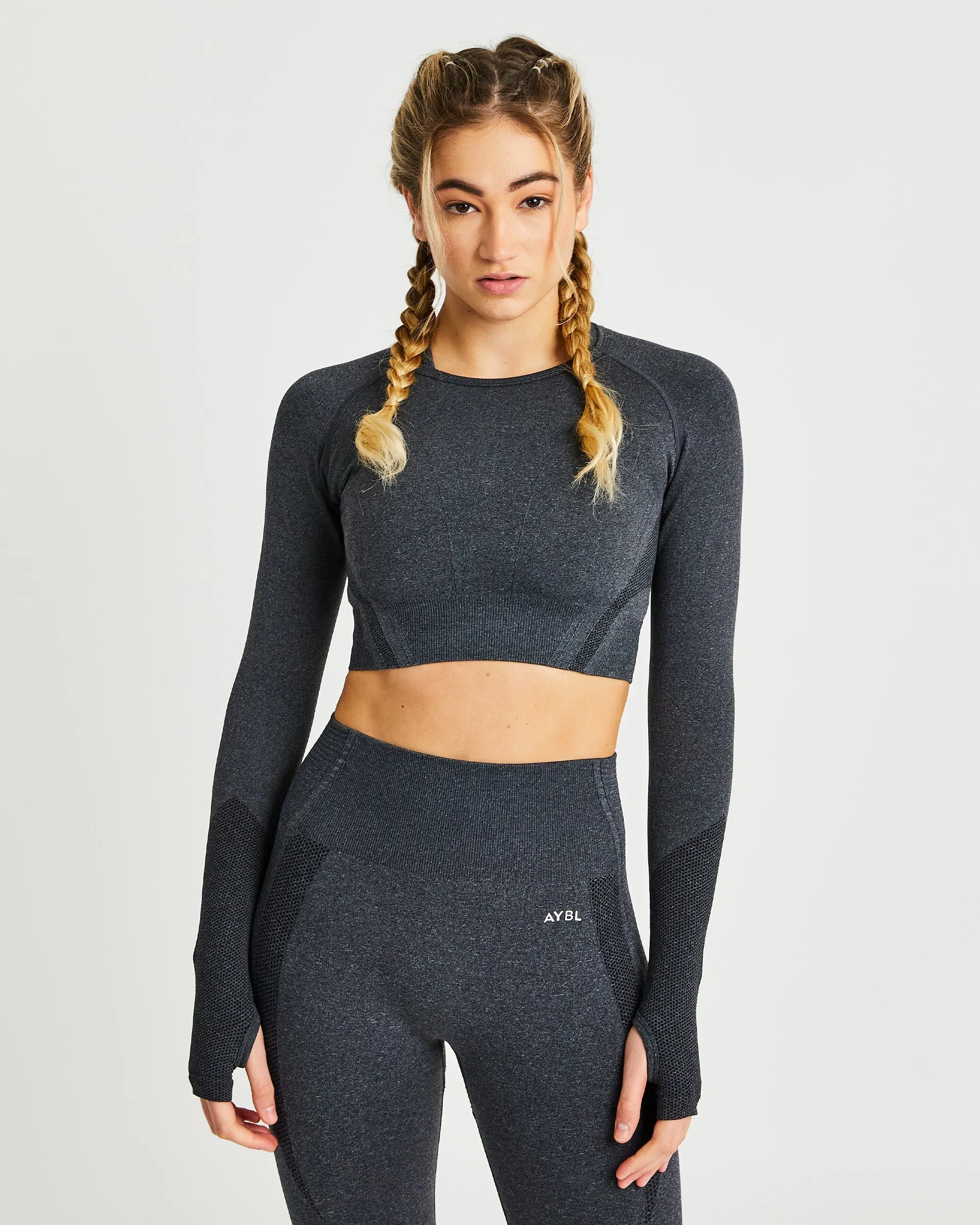 Balance V2 Seamless Long Sleeve Crop Top - Speckle Black sold by AYBL