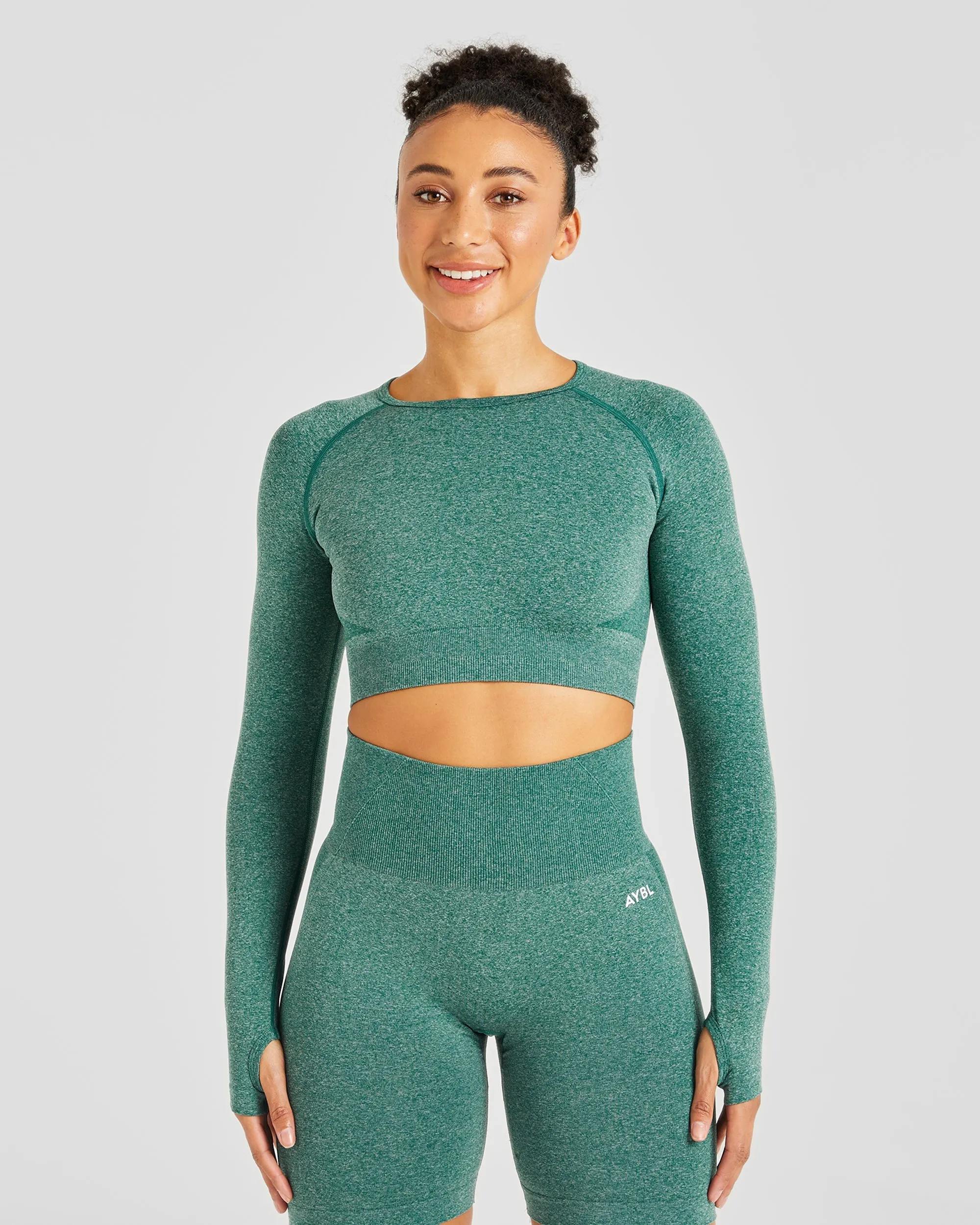 Empower Seamless Long Sleeve Crop Top - Forest Green Marl sold by AYBL