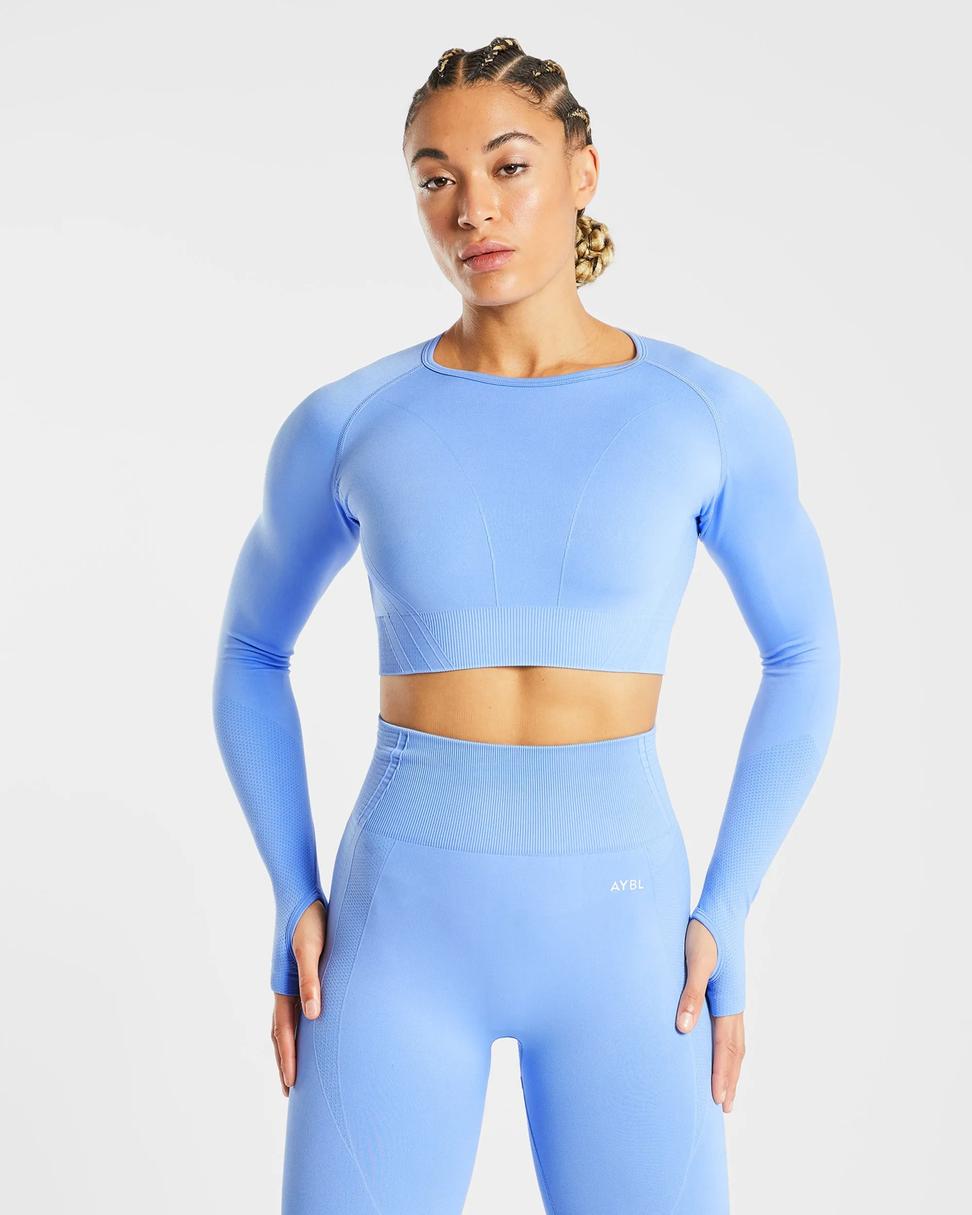 Balance V2 Seamless Long Sleeve Crop Top - Chambray Blue sold by AYBL
