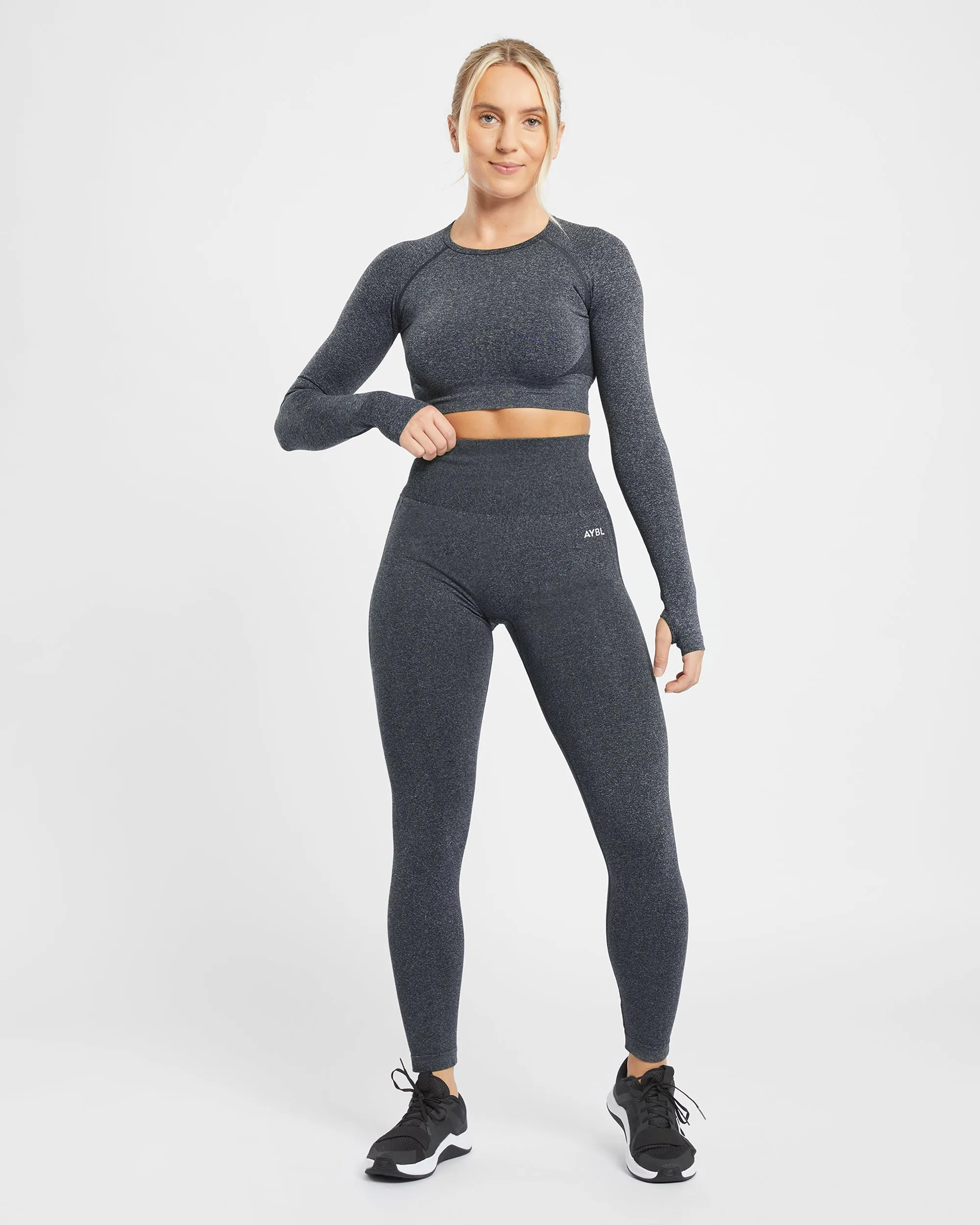 Empower Seamless Long Sleeve Crop Top - Black Marl sold by AYBL product image thumbnail 3
