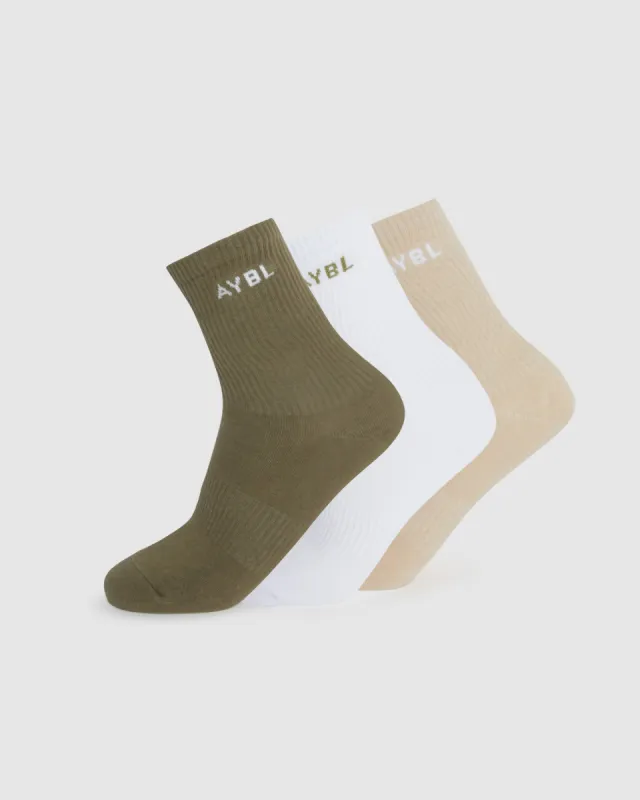 Everyday Crew Socks (3 Pack) - Khaki/Beige/White sold by AYBL