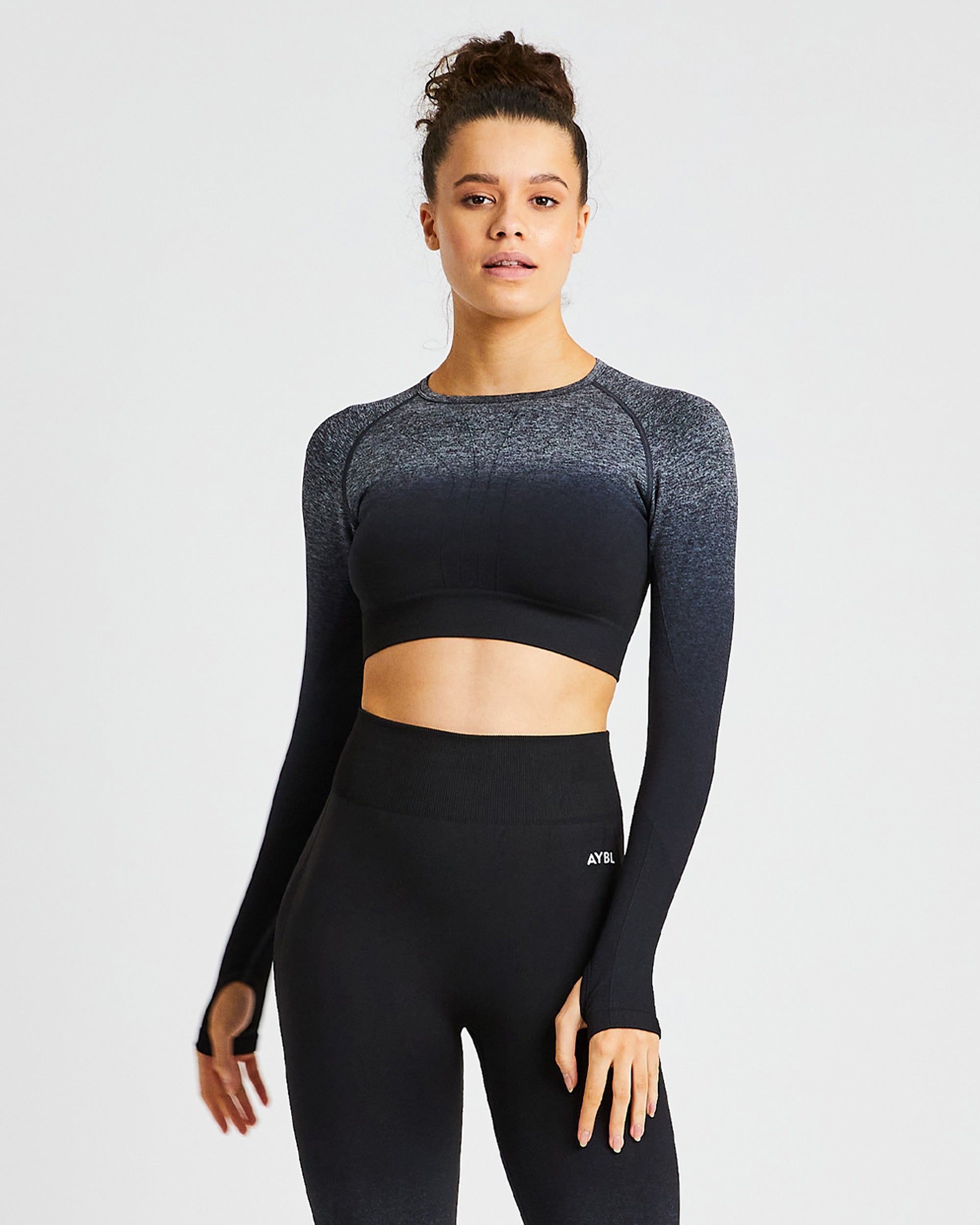 Pulse Ombré Seamless Long Sleeve Crop Top - Black/Grey sold by AYBL