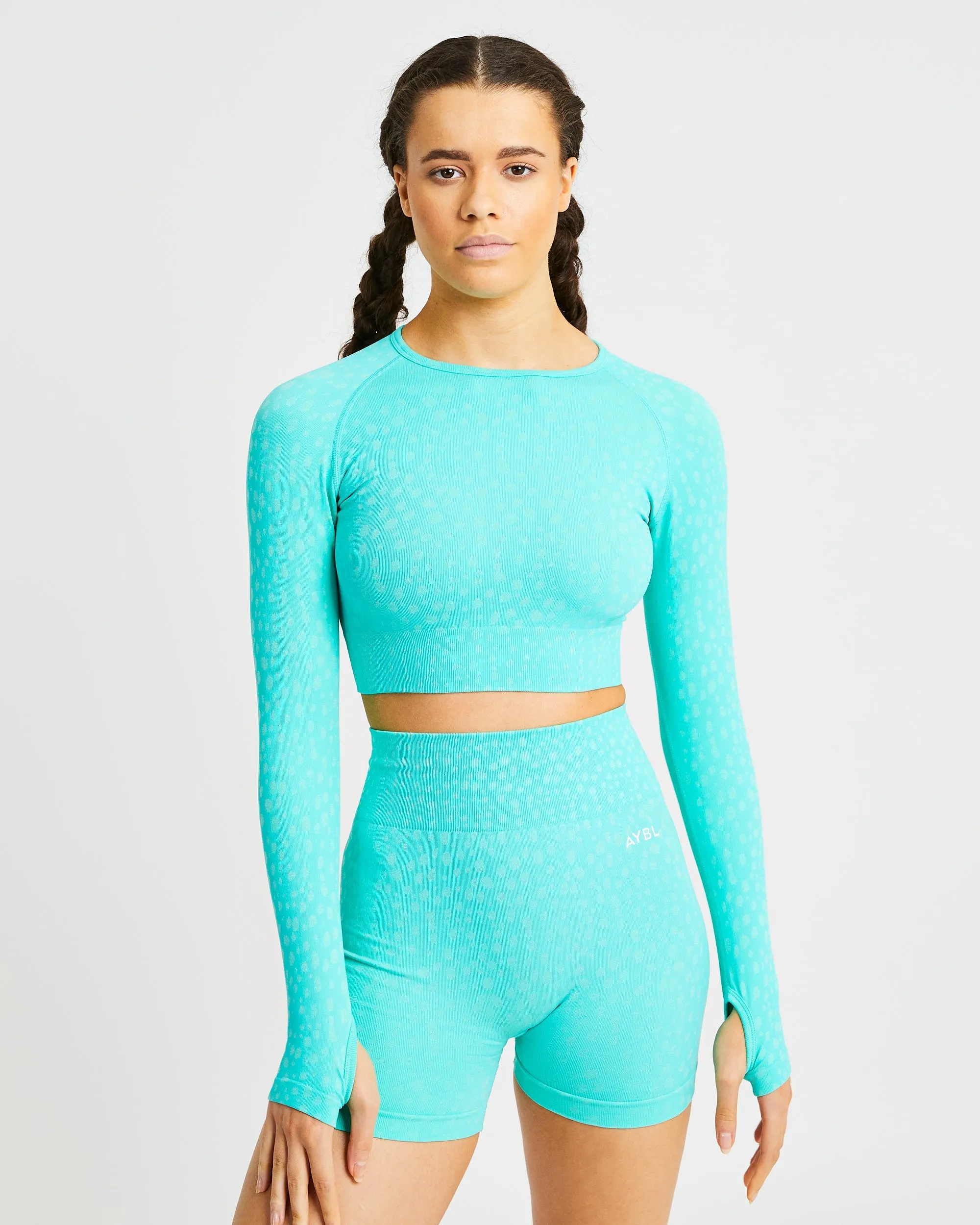 Evolve Speckle Seamless Long Sleeve Crop Top - Aqua Green sold by AYBL