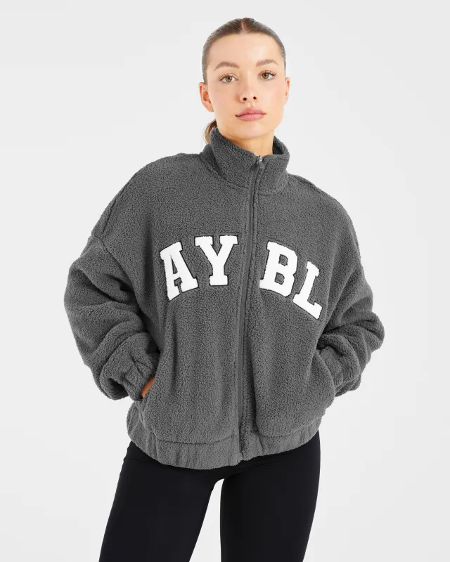 Varsity Oversized Fleece Zip Up Jacket - Charcoal sold by AYBL