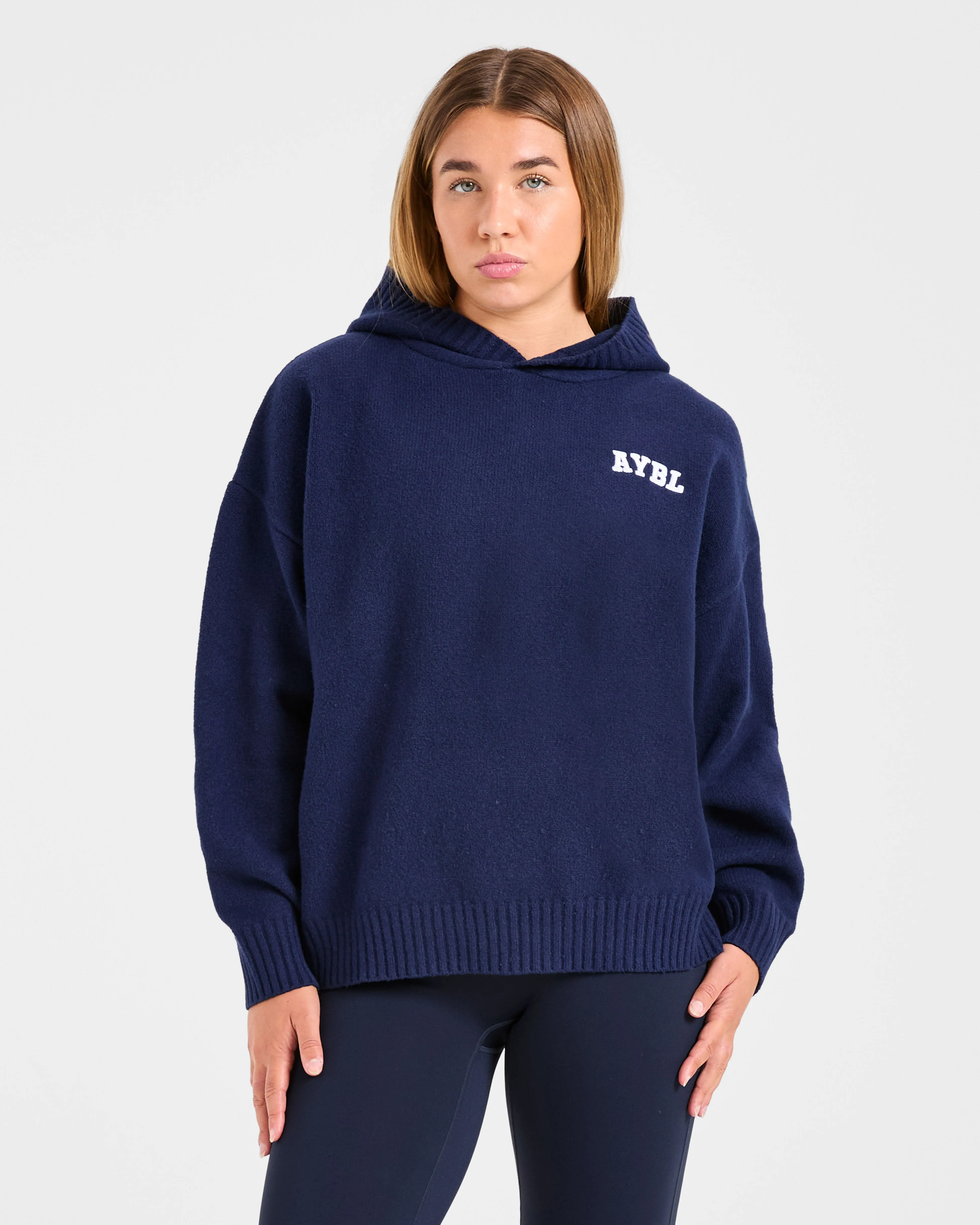 Varsity Minimal Logo Oversized Knitted Hoodie - Navy sold by AYBL