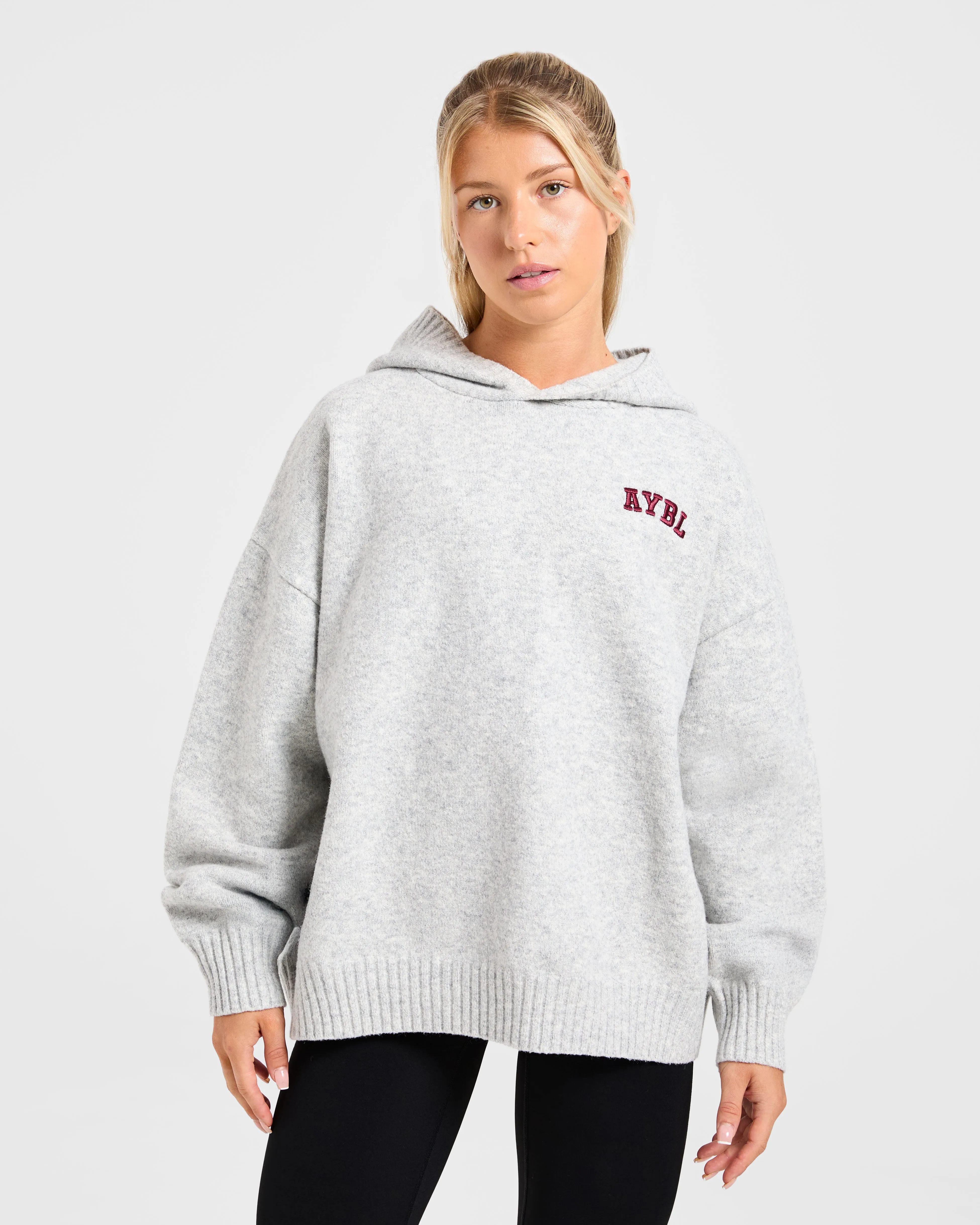 Varsity Minimal Logo Oversized Knitted Hoodie - Grey Marl/Burgundy sold by AYBL