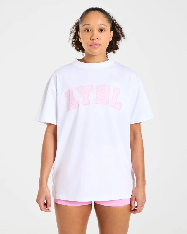 Varsity 2.0 Oversized T Shirt - White/Pink made by AYBL