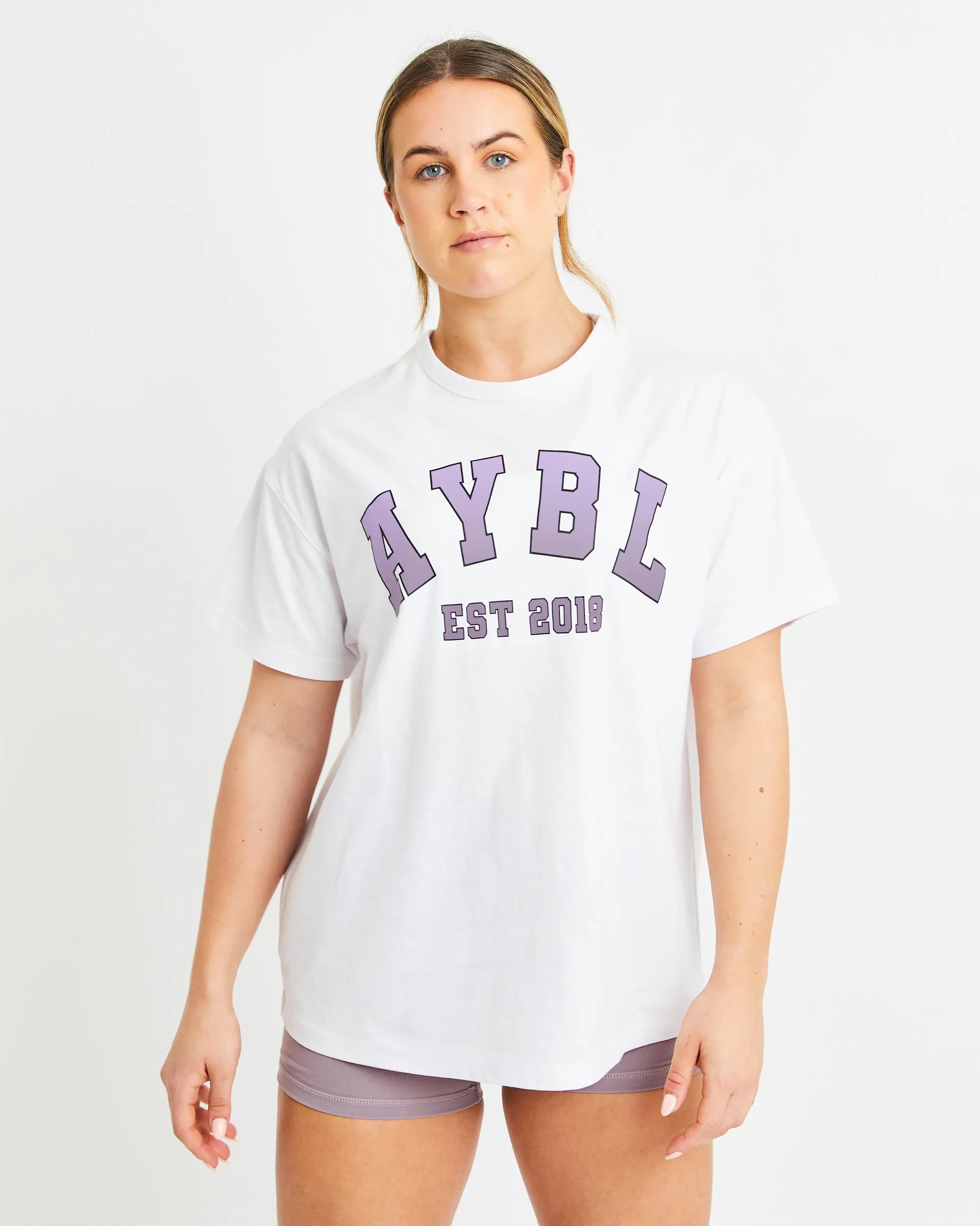 Varsity Oversized T Shirt - White/Purple sold by AYBL
