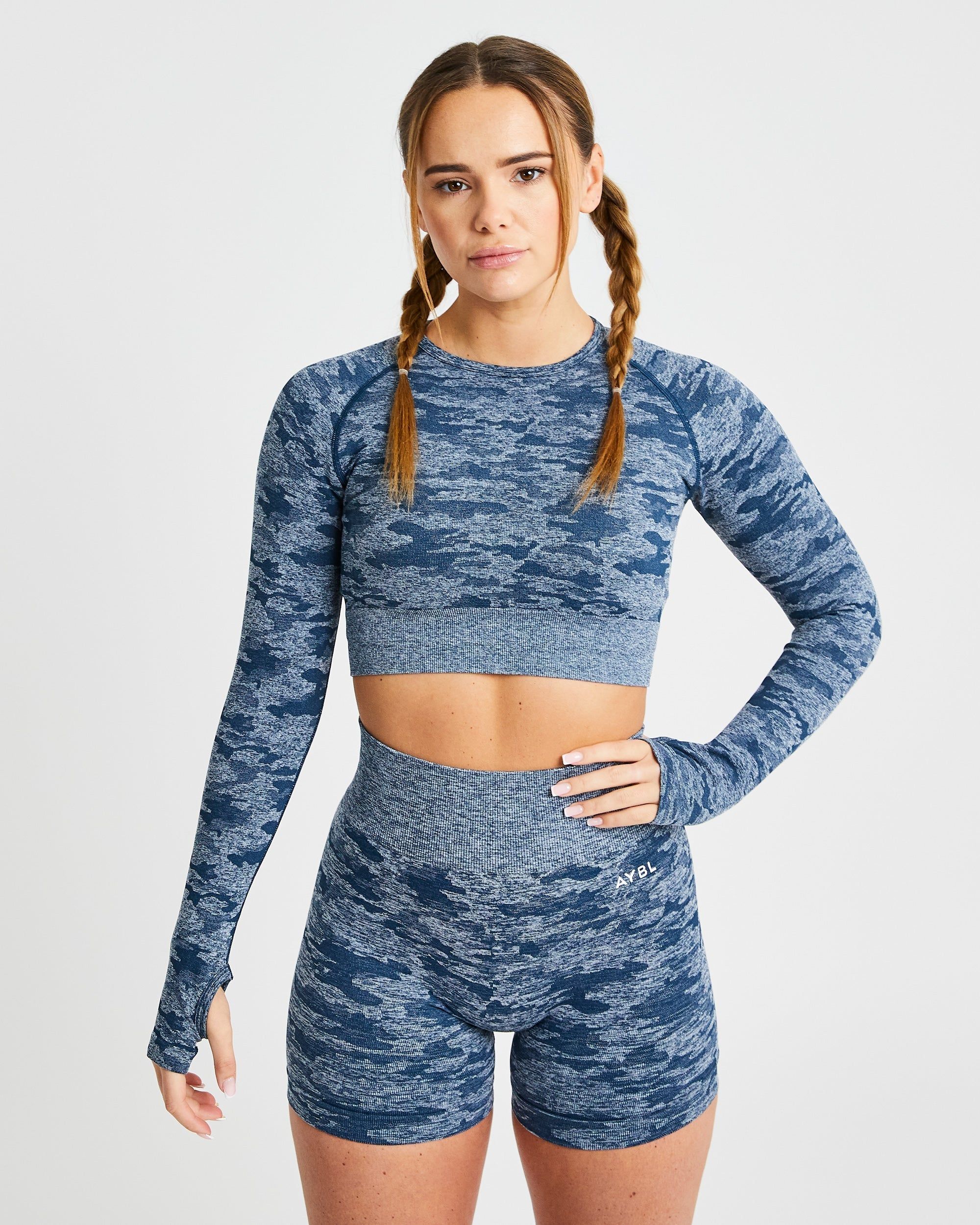 Evolve Camo Seamless Long Sleeve Crop Top - Teal sold by AYBL