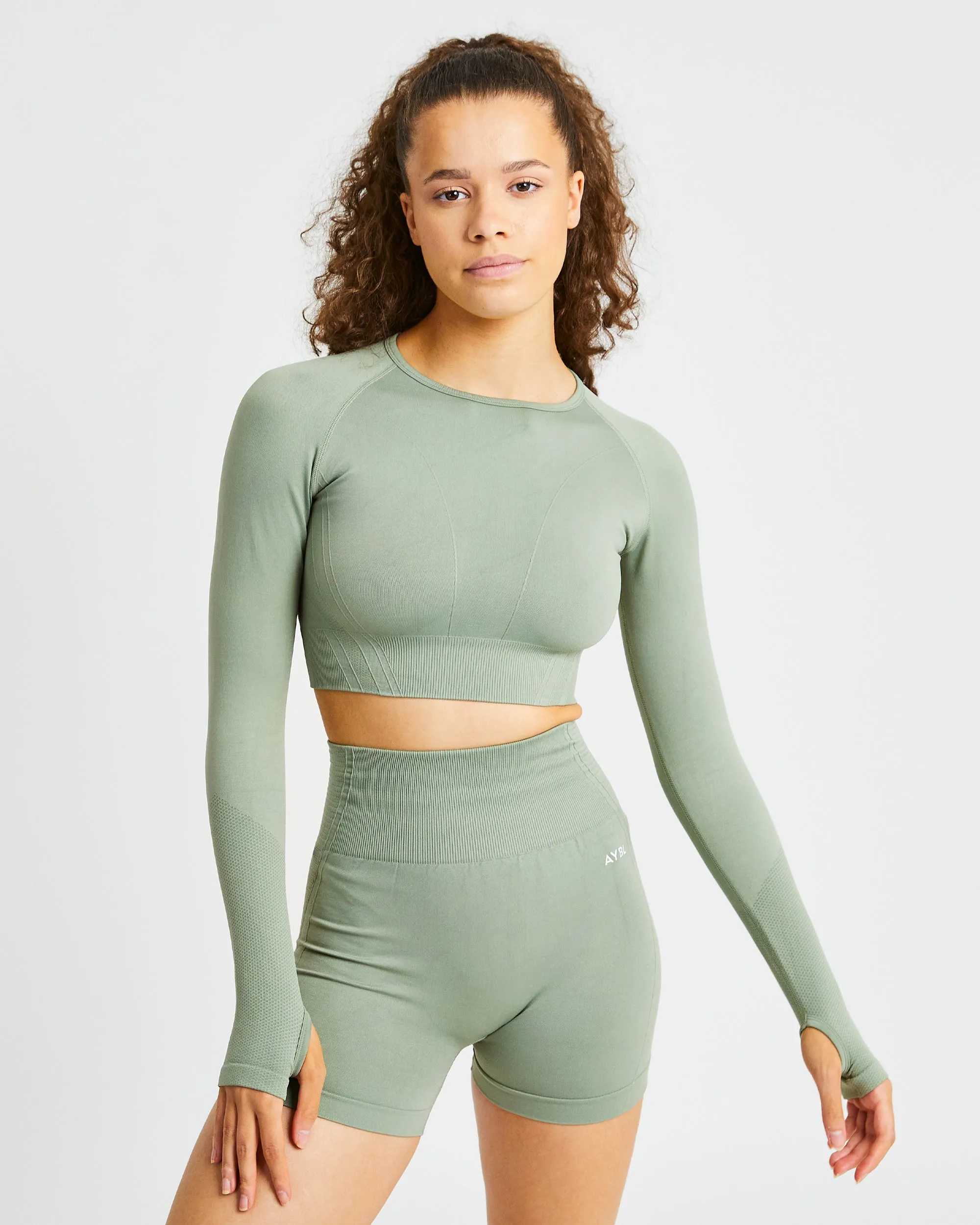 Balance V2 Seamless Long Sleeve Crop Top - Olive Green sold by AYBL