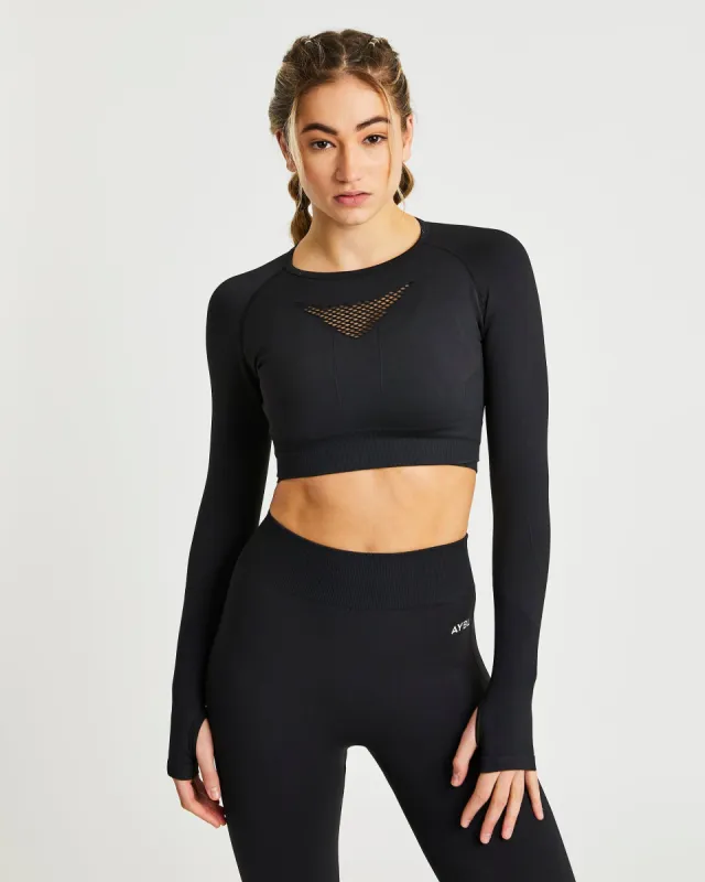 Motion Seamless Long Sleeve Crop Top - Black sold by AYBL
