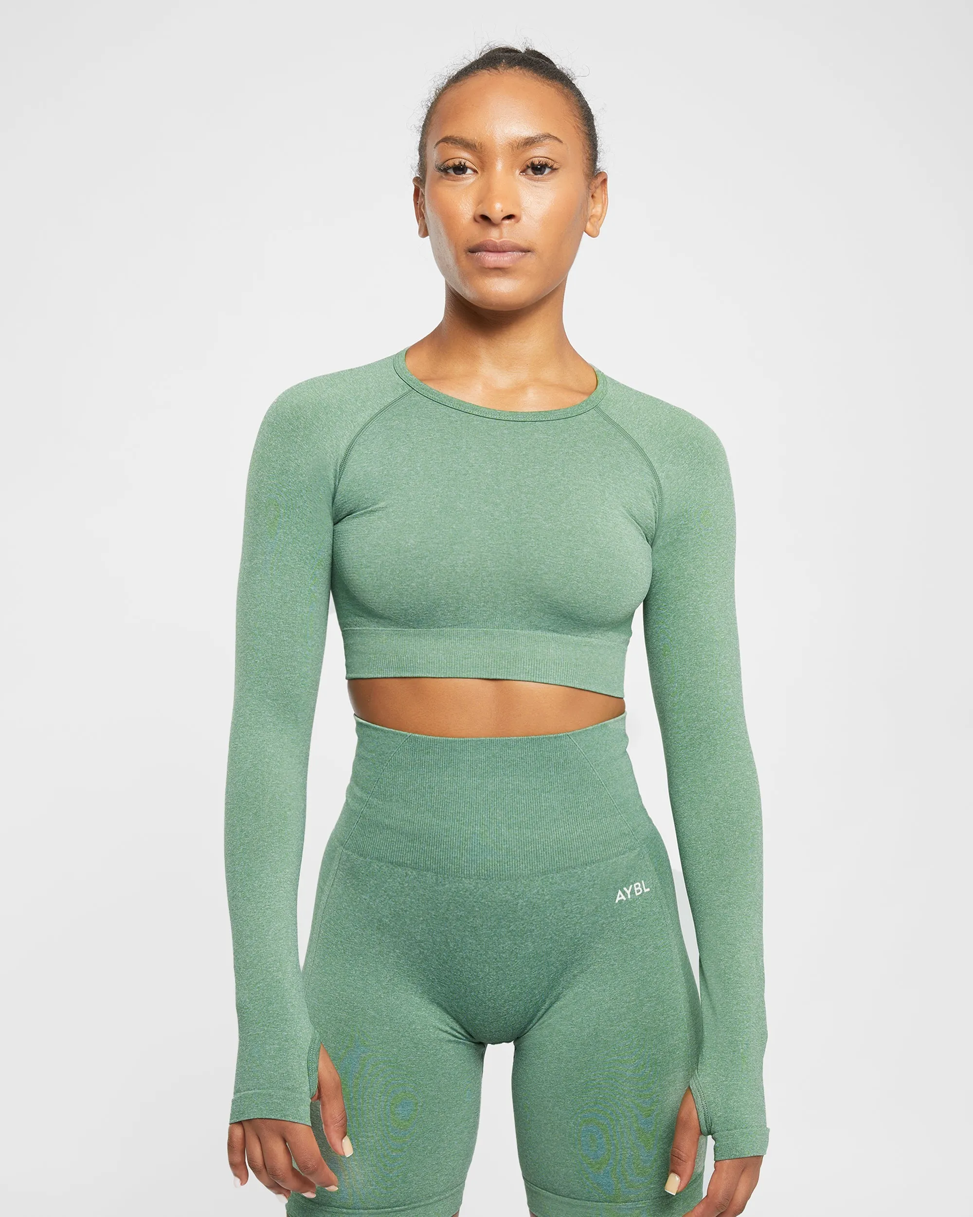 Empower Seamless Long Sleeve Crop Top - Olive Marl sold by AYBL