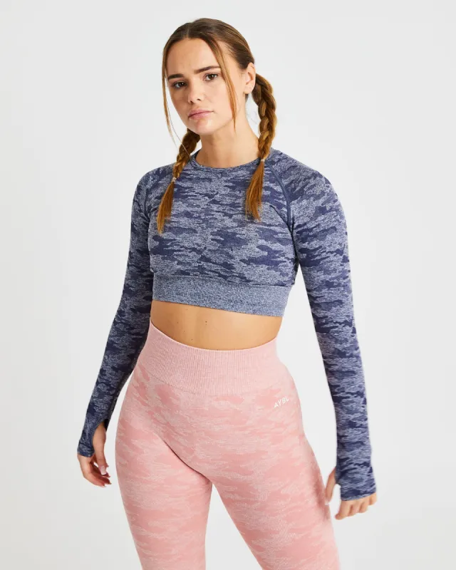 Evolve Camo Seamless Long Sleeve Crop Top - Navy sold by AYBL