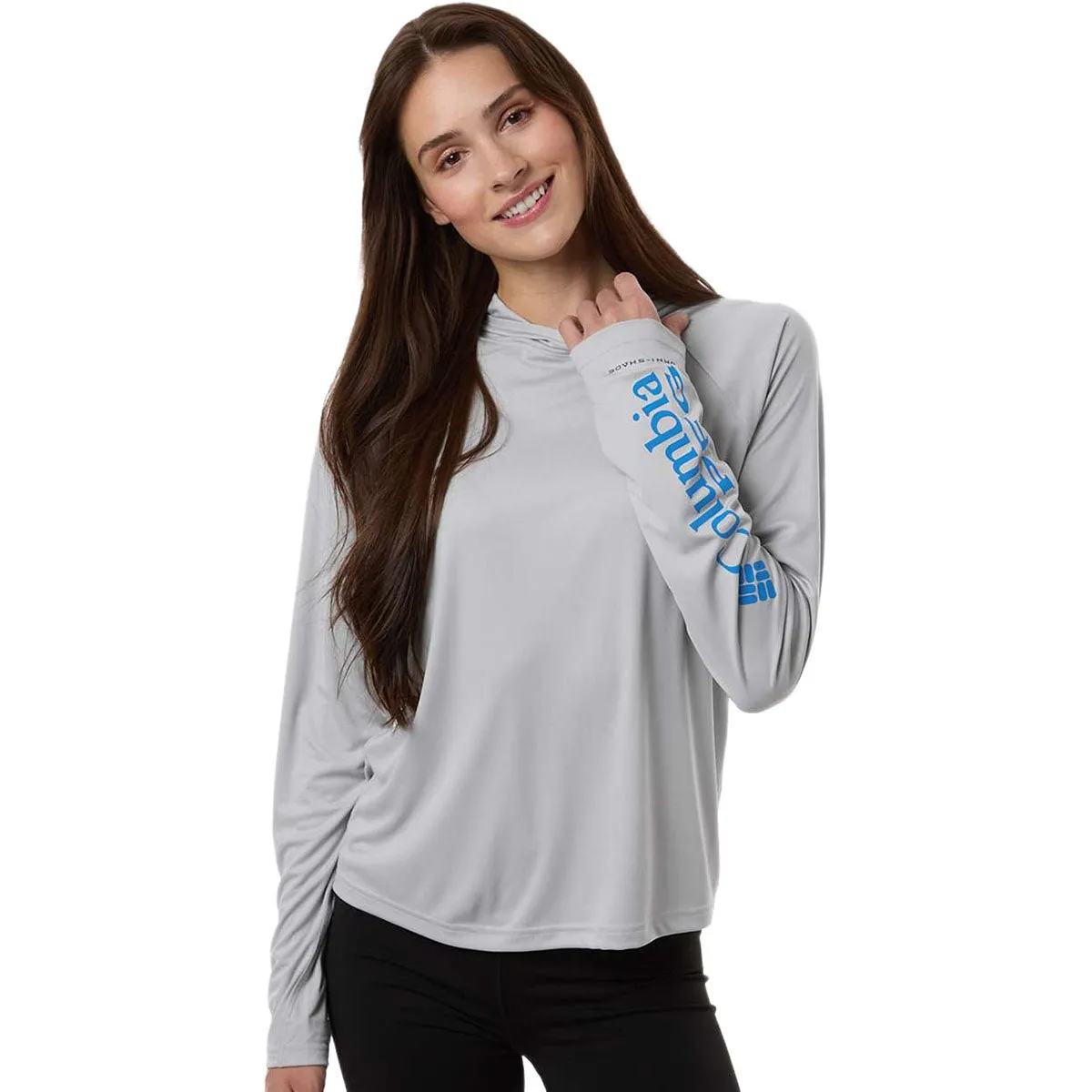 Columbia Women's Cool Grey/Vivid Blue PFG Tidal Tee Hooded Long Sleeve sold by Merchology product image thumbnail 3