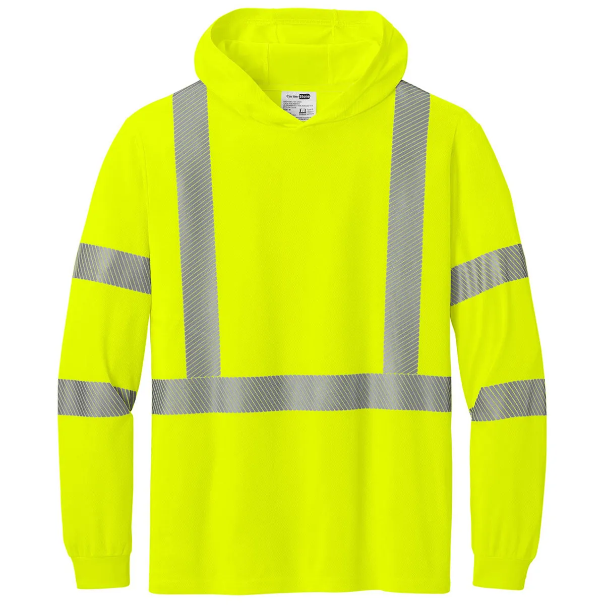 CornerStone Men's Safety Yellow ANSI 107 Class 3 Long Sleeve Segmented Tape Hooded Tee sold by Merchology