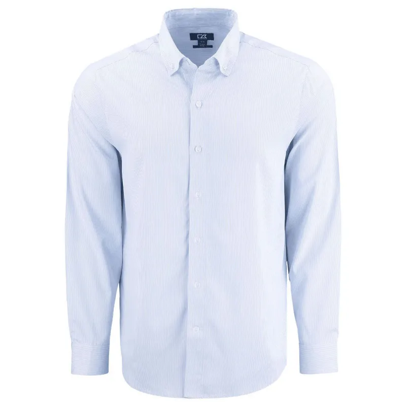 Cutter & Buck Men's Pale Blue/White Skyline Epic Confidence Recycled Pinstripe Long Sleeve Dress Shirt made by Cutter & Buck