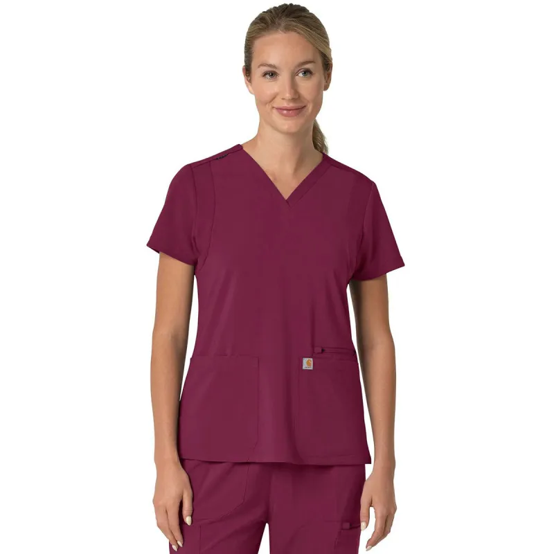 Carhartt Women's Wine Three-Pocket Flex Panel V-Neck Scrub Top made by Carhartt