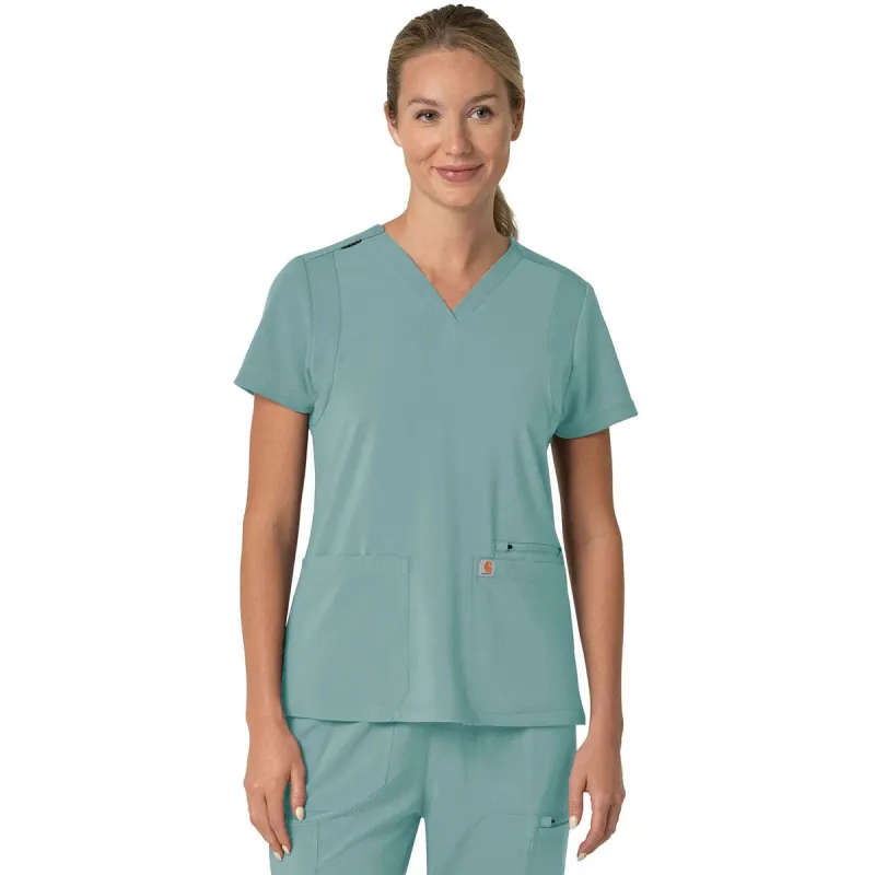 Carhartt Women's Summer Blue Three-Pocket Flex Panel V-Neck Scrub Top made by Carhartt