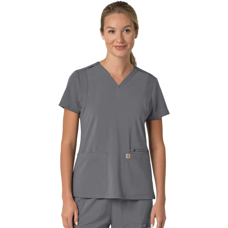 Carhartt Women's Pewter Three-Pocket Flex Panel V-Neck Scrub Top made by Carhartt