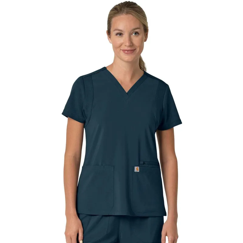 Carhartt Women's Navy Three-Pocket Flex Panel V-Neck Scrub Top made by Carhartt