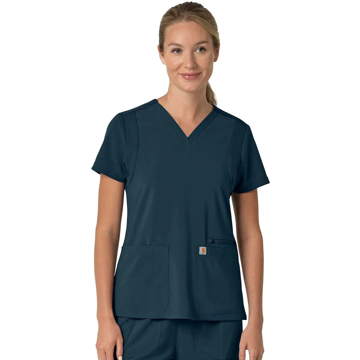 Carhartt Women's Navy Three-Pocket Flex Panel V-Neck Scrub Top sold by Merchology