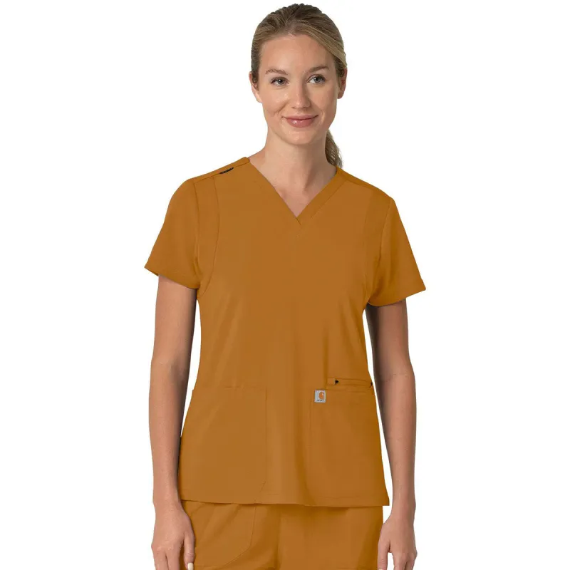 Carhartt Women's Fox Brown Three-Pocket Flex Panel V-Neck Scrub Top made by Carhartt