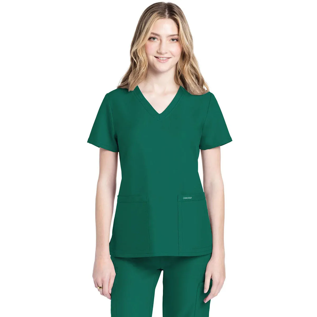Cherokee Women's Hunter Green 2-Pocket V-Neck Top sold by Merchology