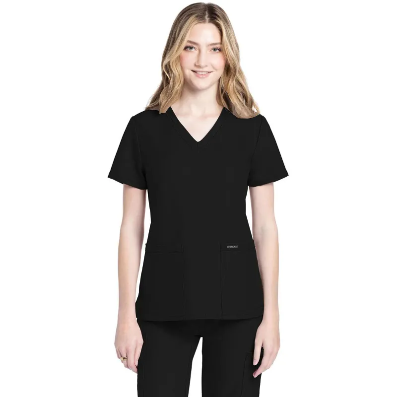 Cherokee Women's Black 2-Pocket V-Neck Top made by Cherokee