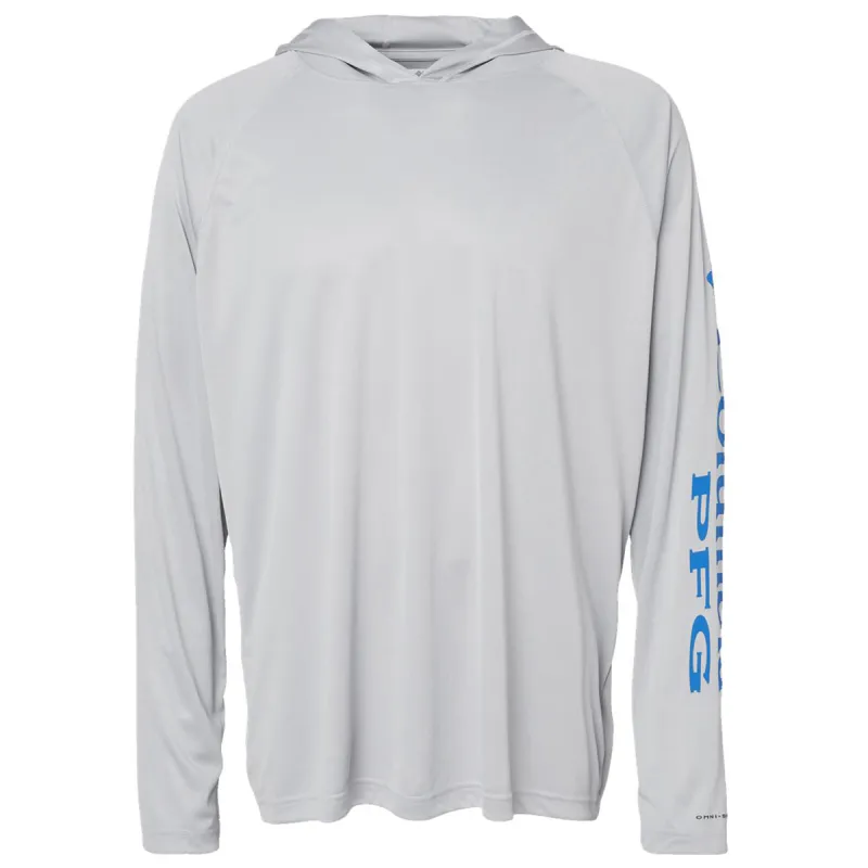 Columbia Men's Cool Grey/Vivid Blue PFG Terminal Tackle Hooded Long Sleeve T-Shirt made by Columbia