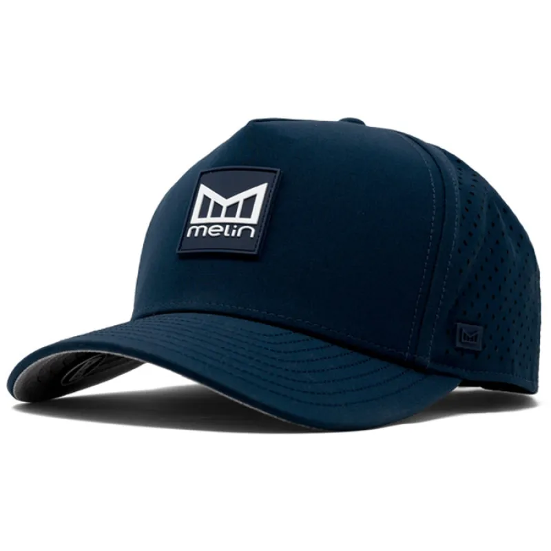 Melin Navy Odyssey Stacked Hydro Performance Snapback Hat made by Merchology