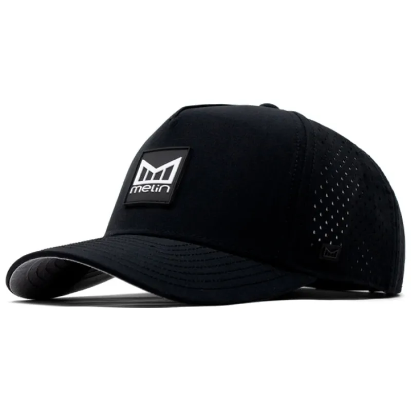 Melin Black Odyssey Stacked Hydro Performance Snapback Hat made by Merchology