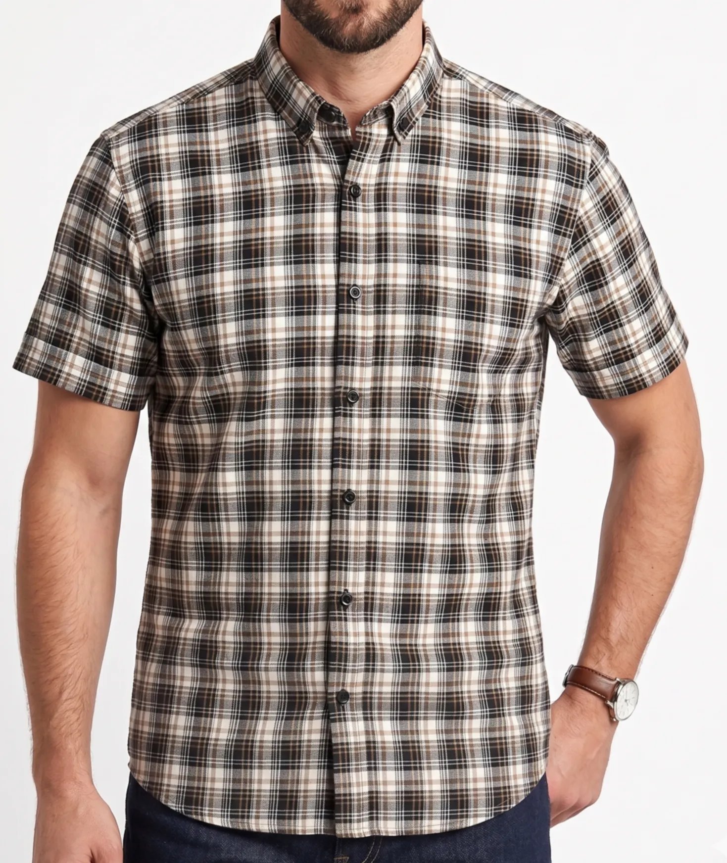 Men's short-sleeved plaid shirt-Black sold by Tree