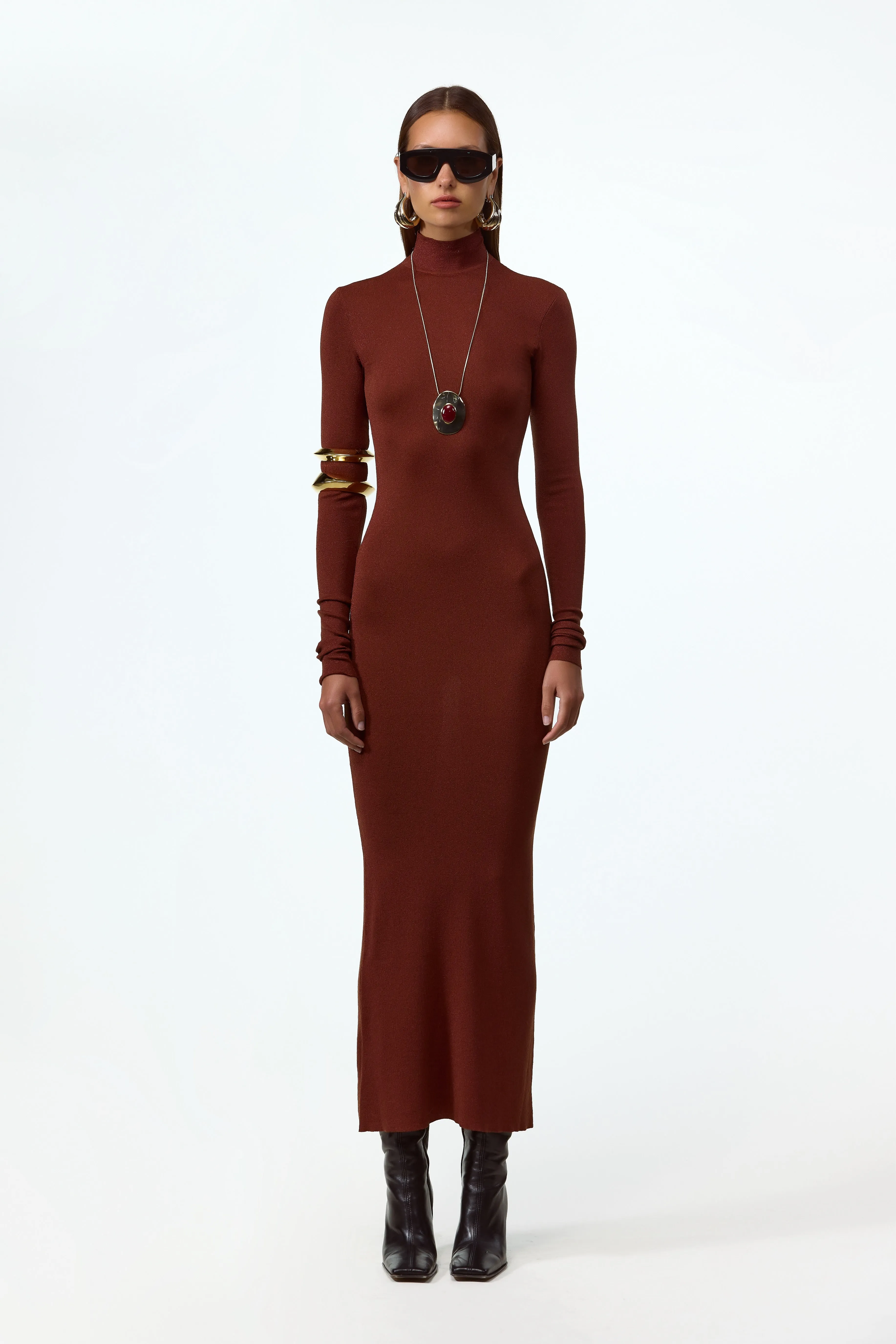 Shimmer Mockneck Dress (Rust) sold by SAME