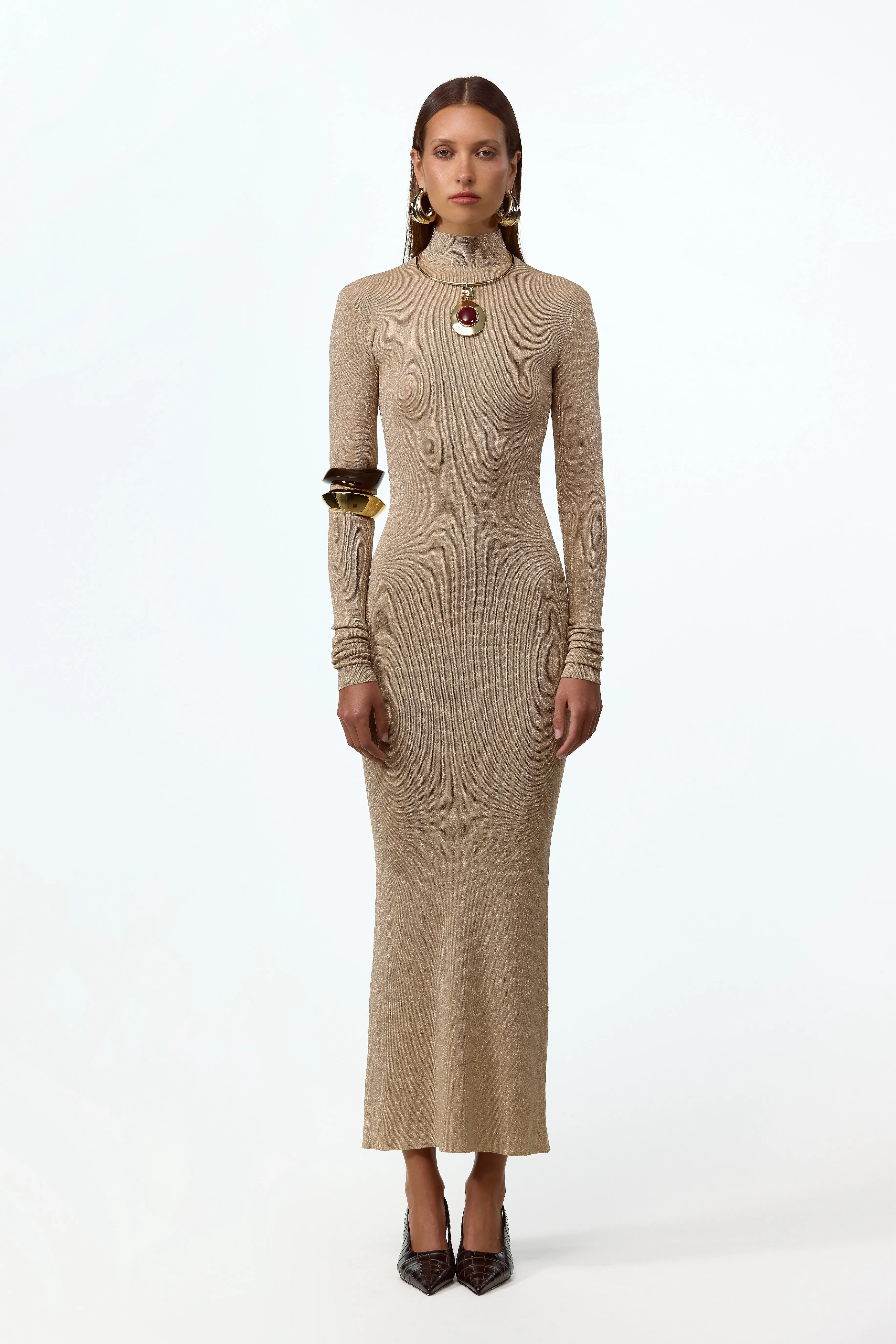 Shimmer Mockneck Dress (Gold) sold by SAME