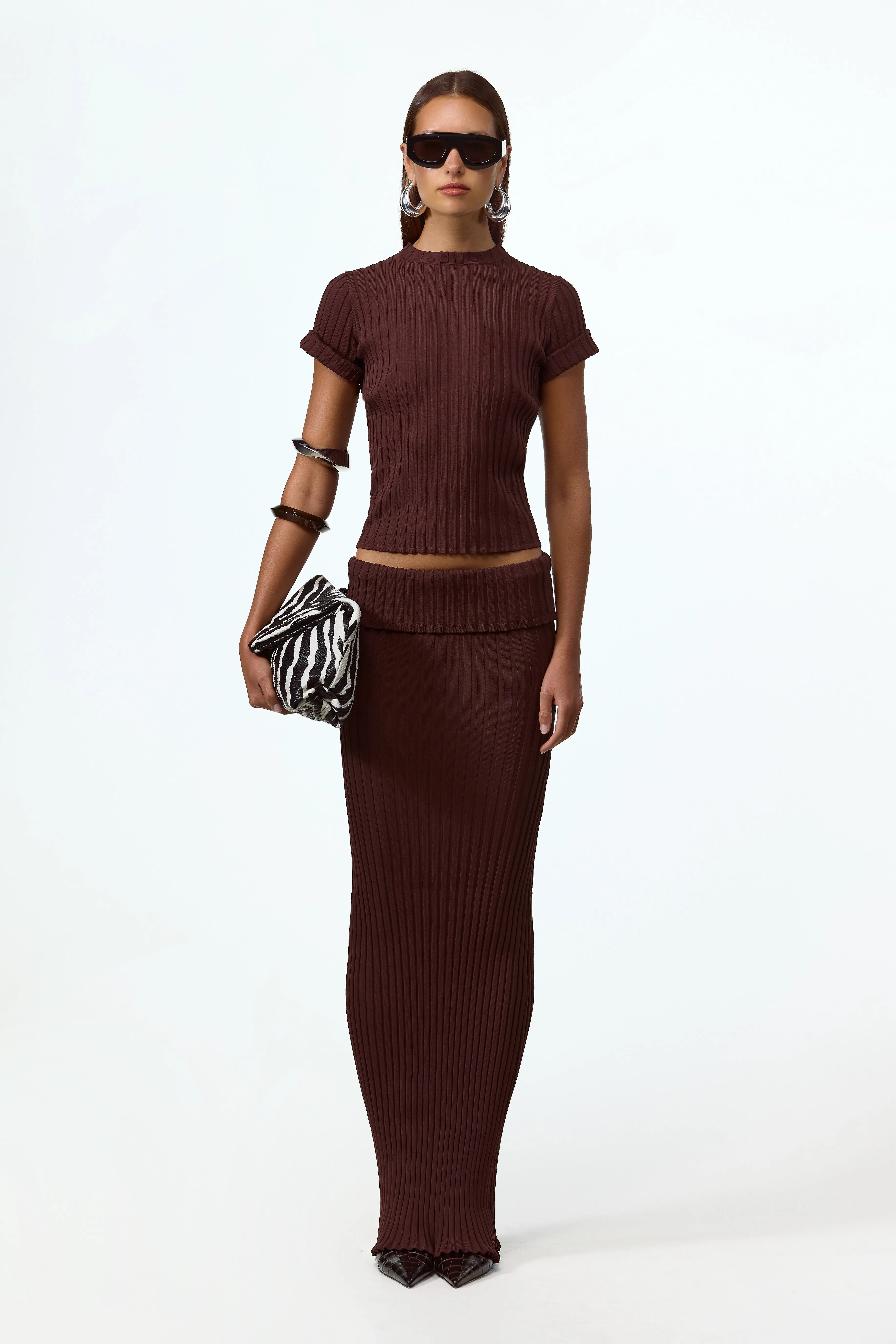 Ribbed Knit Maxi Skirt (Chocolate Brown) sold by SAME