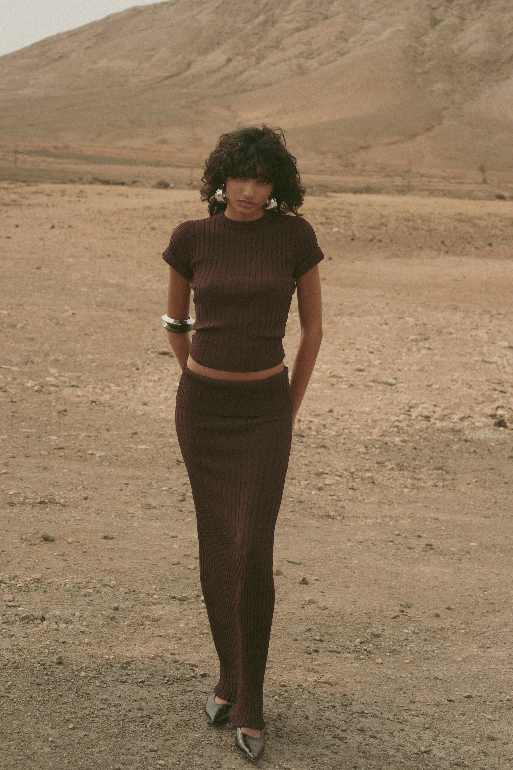 Ribbed Knit Maxi Skirt (Chocolate Brown) sold by SAME product image thumbnail 2