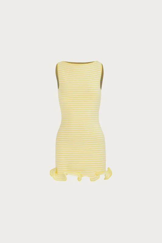 Ruffle Hem Tank Mini Dress (Butter Yellow Stripe) sold by SAME