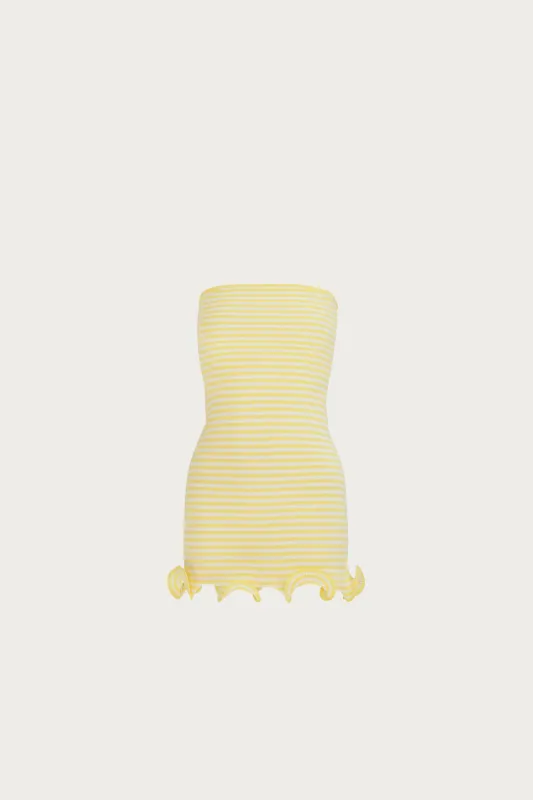 Ruffle Hem Strapless Mini Dress (Butter Yellow Stripe) sold by SAME