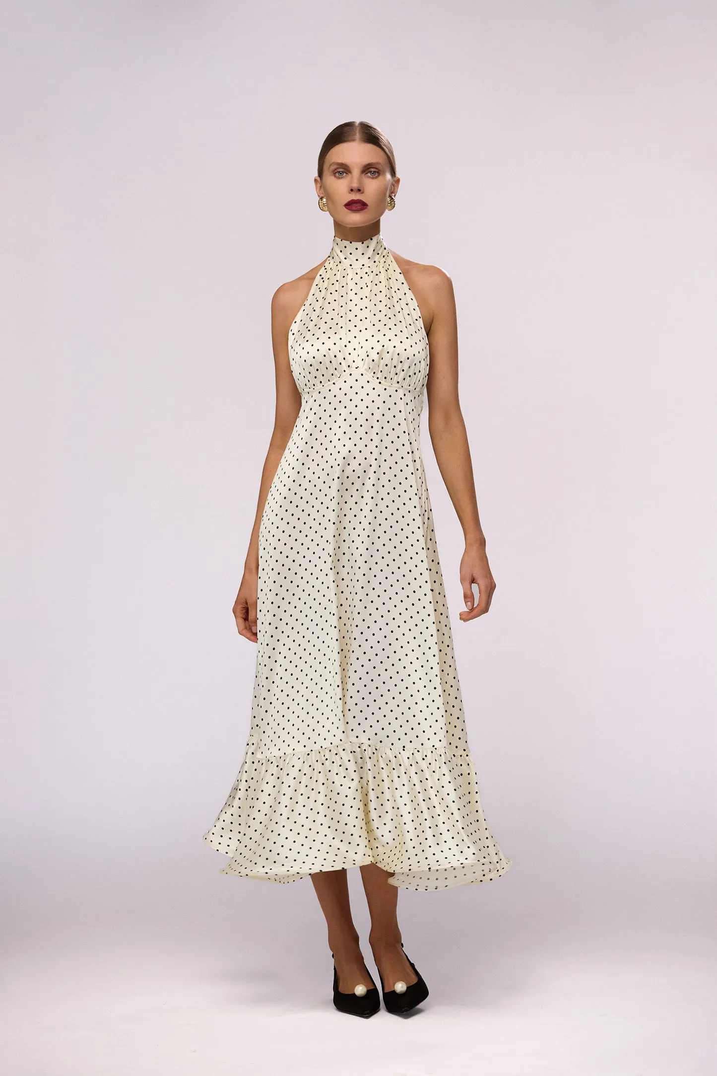 Halter Flounce Midi Dress (Cream Polka Dot) sold by SAME product image thumbnail 3