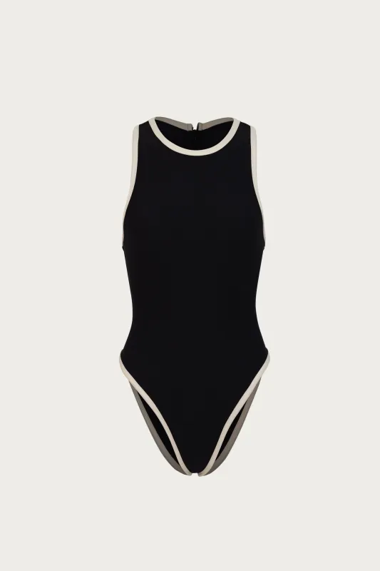 Tank One Piece (Faux Suede Black/Cream) sold by SAME