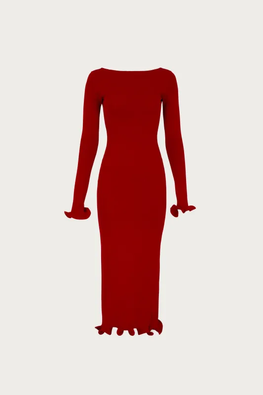 Ruffle Hem Midi Dress (Red) sold by SAME