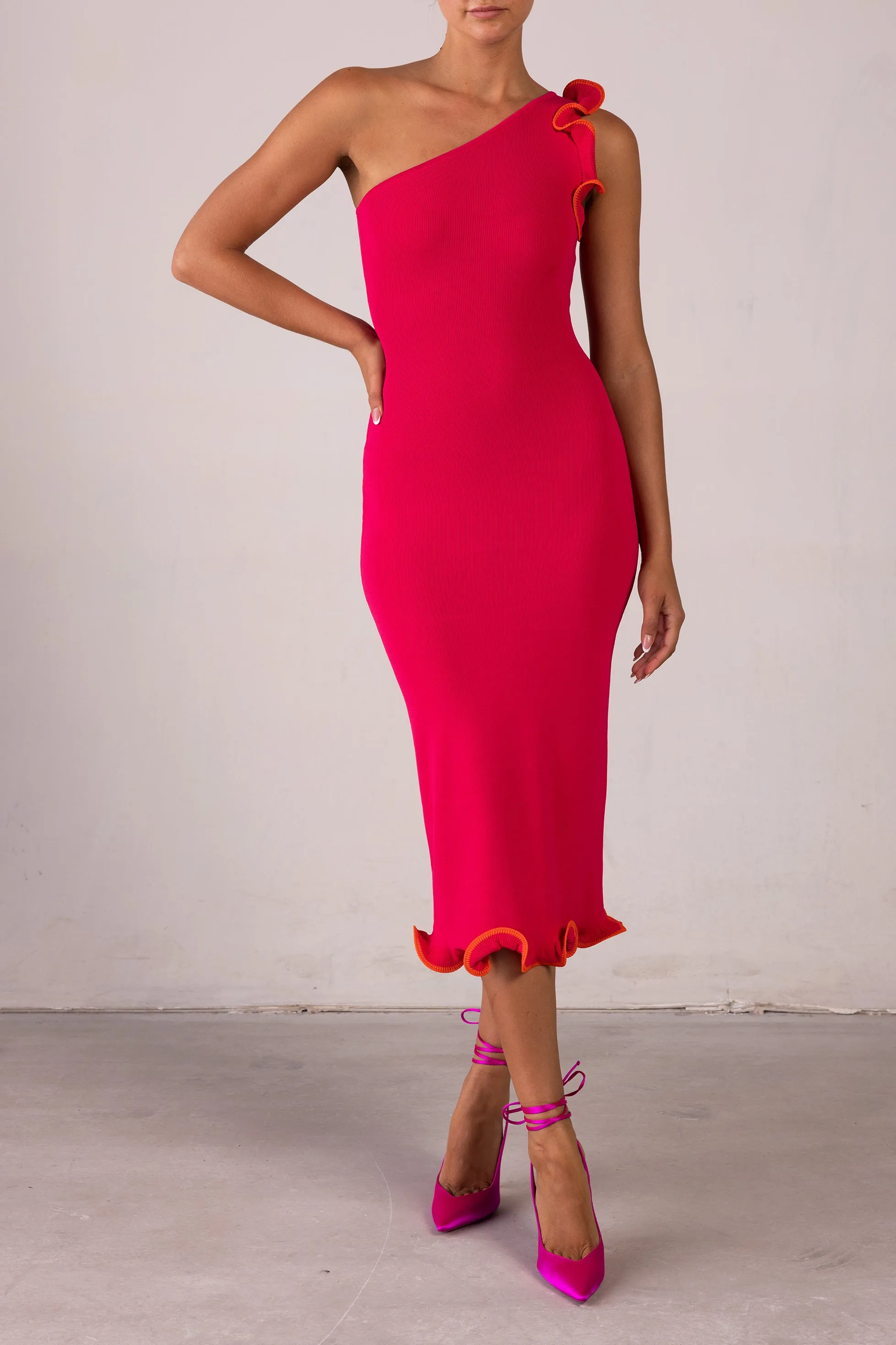 Ruffle Hem One Shoulder Dress (Hot Pink/Orange) sold by SAME product image thumbnail 3