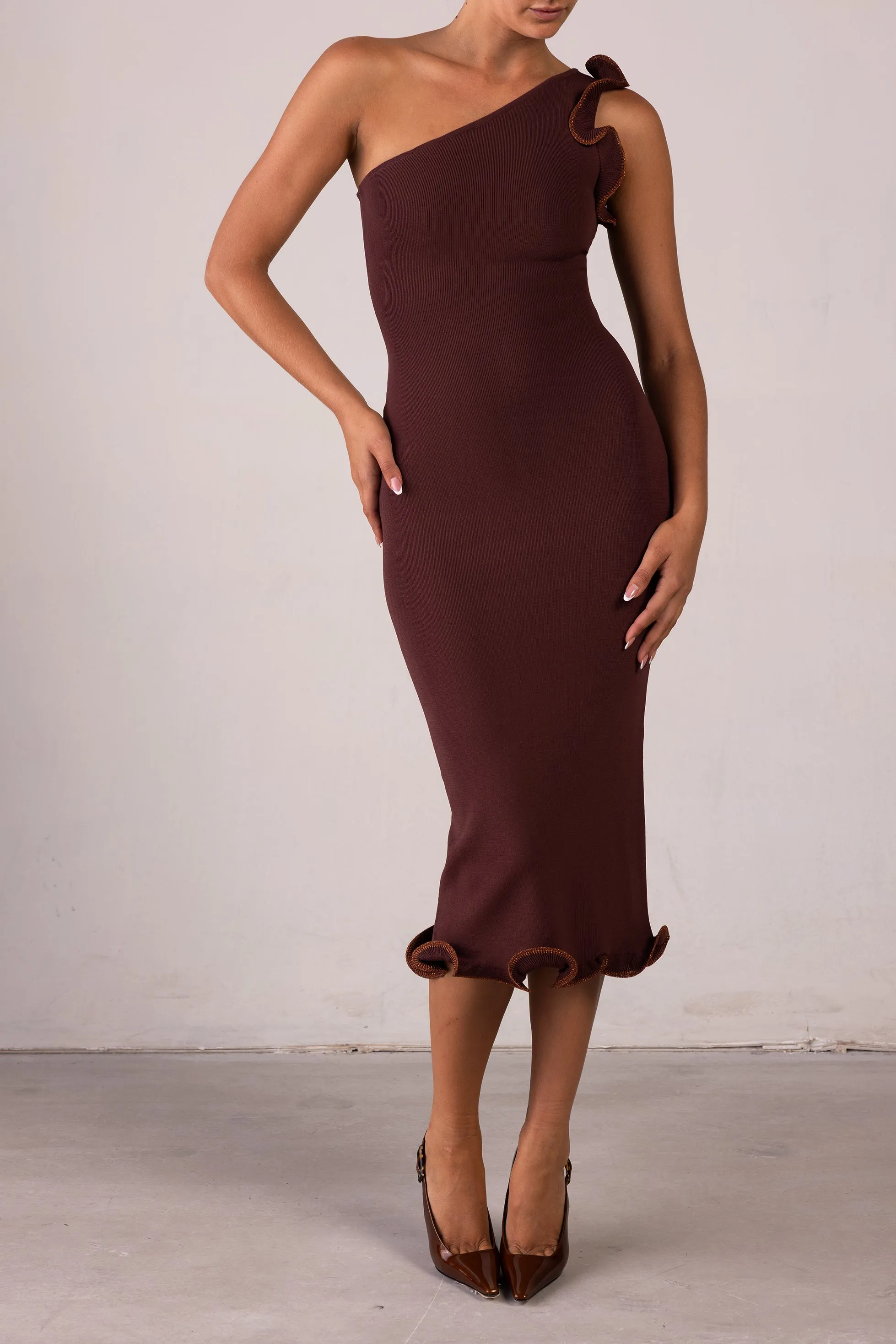 Ruffle Hem One Shoulder Dress (Chocolate Brown/Brown Lurex) sold by SAME product image thumbnail 3