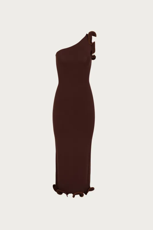 Ruffle Hem One Shoulder Dress (Chocolate Brown/Brown Lurex) sold by SAME