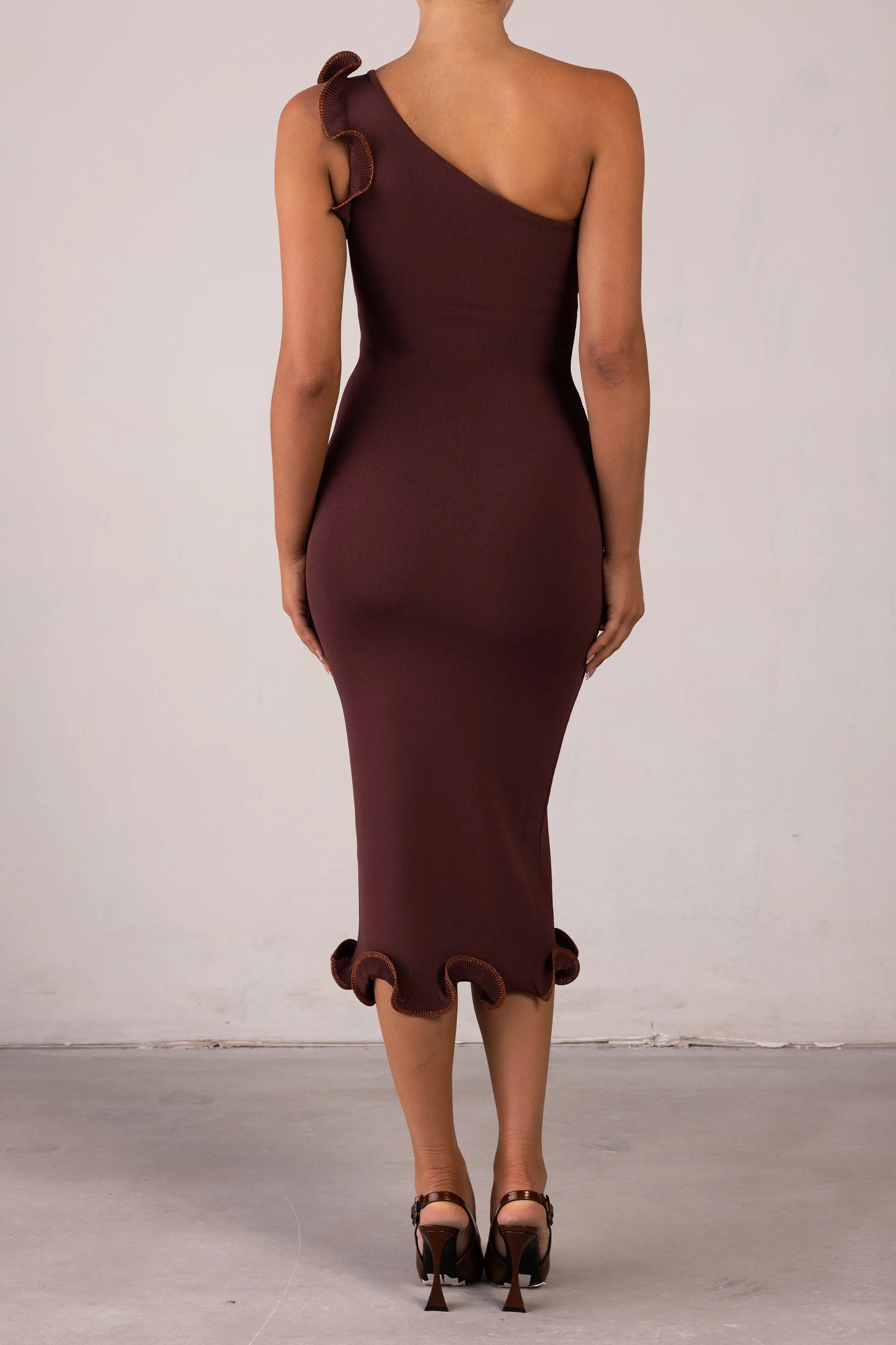 Ruffle Hem One Shoulder Dress (Chocolate Brown/Brown Lurex) sold by SAME product image thumbnail 5