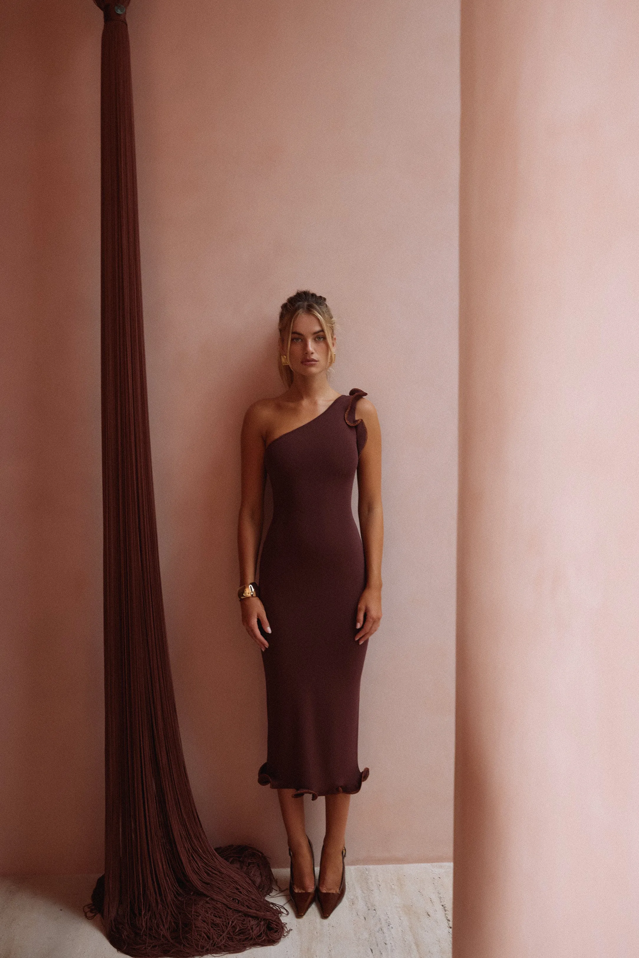 Ruffle Hem One Shoulder Dress (Chocolate Brown/Brown Lurex) sold by SAME product image thumbnail 2