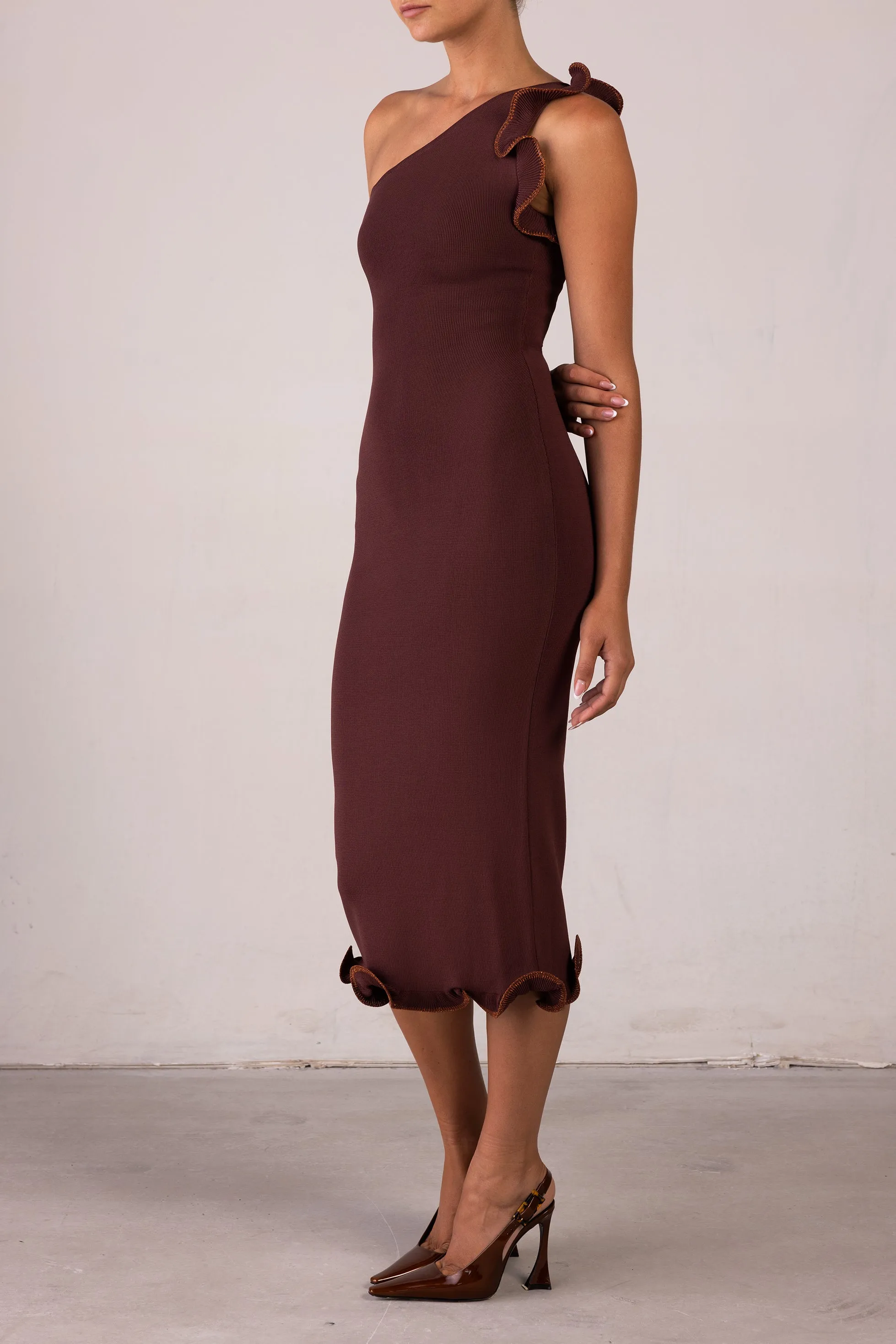Ruffle Hem One Shoulder Dress (Chocolate Brown/Brown Lurex) sold by SAME product image thumbnail 4