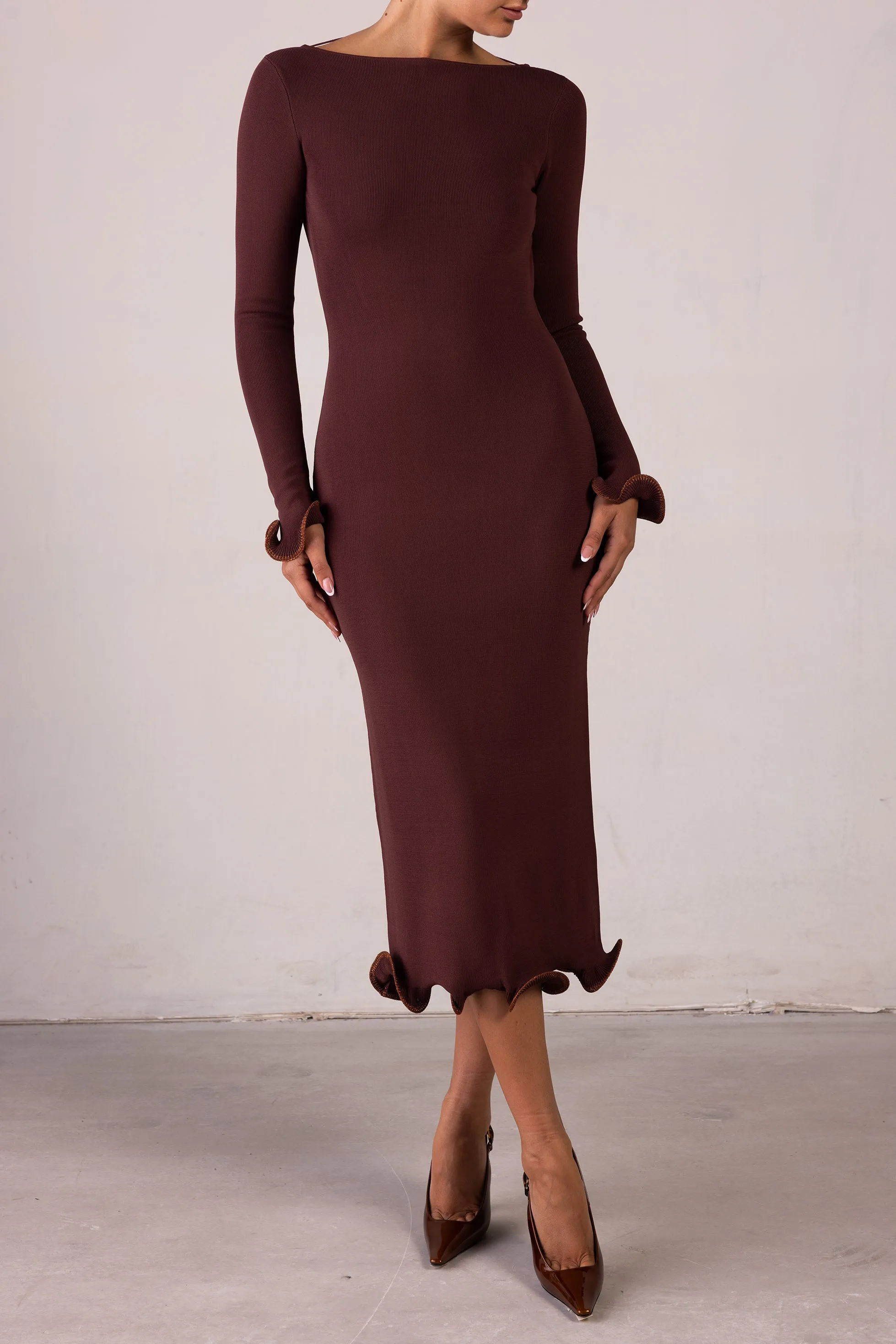 Ruffle Hem Midi Dress (Chocolate Brown/Brown Lurex) sold by SAME product image thumbnail 3
